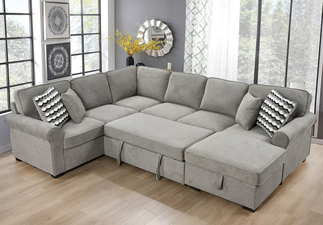 117" Oversized Sectional Sofa With Storage Chaise, Rolled Arms U Shaped Sectional Couch ,Removable Soft Backrest Cushions, With 4 Throw Pillows For Large Space Dorm Apartment,Light Gray Light Brown Wood Primary Living Space Heavy Duty Eucalyptus 7 Seat