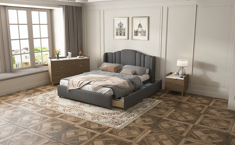 3 Pieces Bedroom Sets Queen Size Upholstered Platform Bed With 4 Drawers, Marble Top Nightstand And Storage Dresser, Gray Gray Mdf