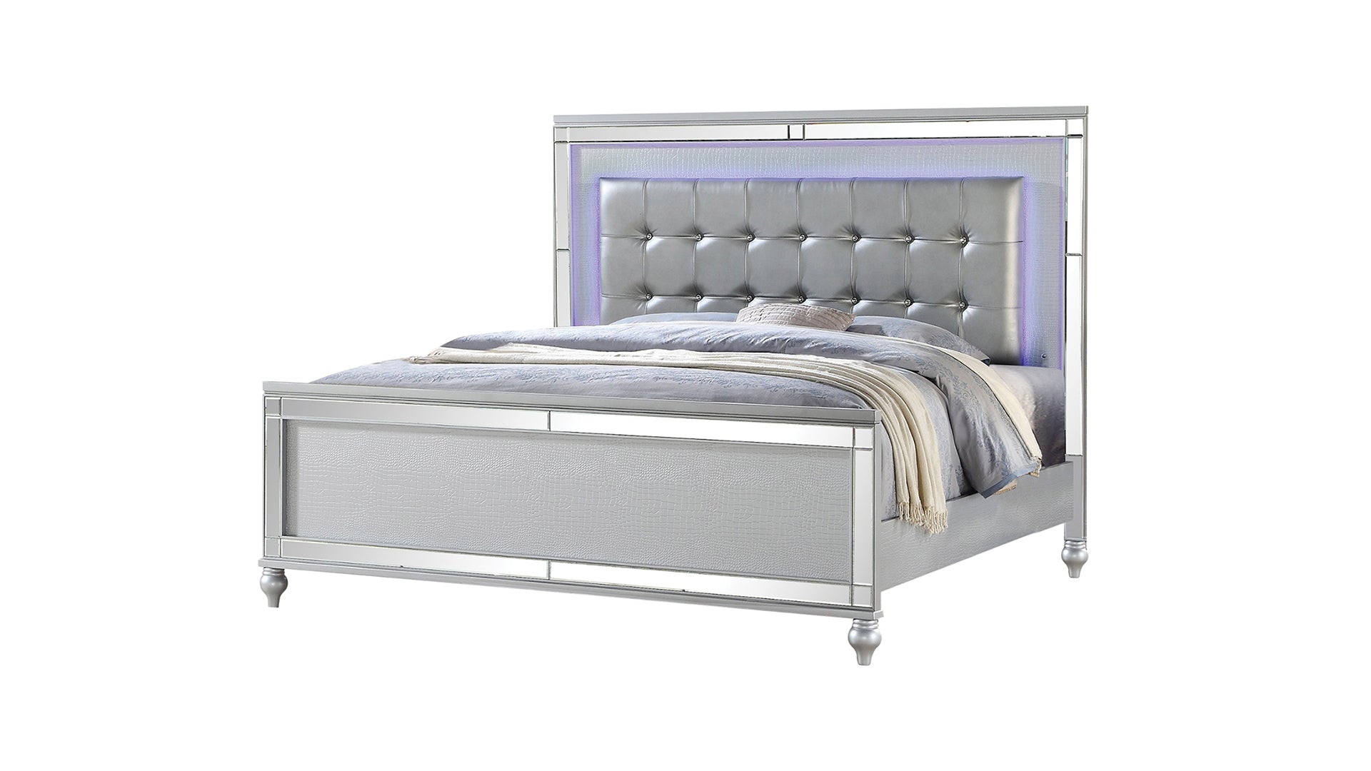 Sterling Queen Size Upholstered Led Bed Made With Wood In Silver Color Queen Silver Wood Bedroom Contemporary,Modern Solid Wood Mdf Wood