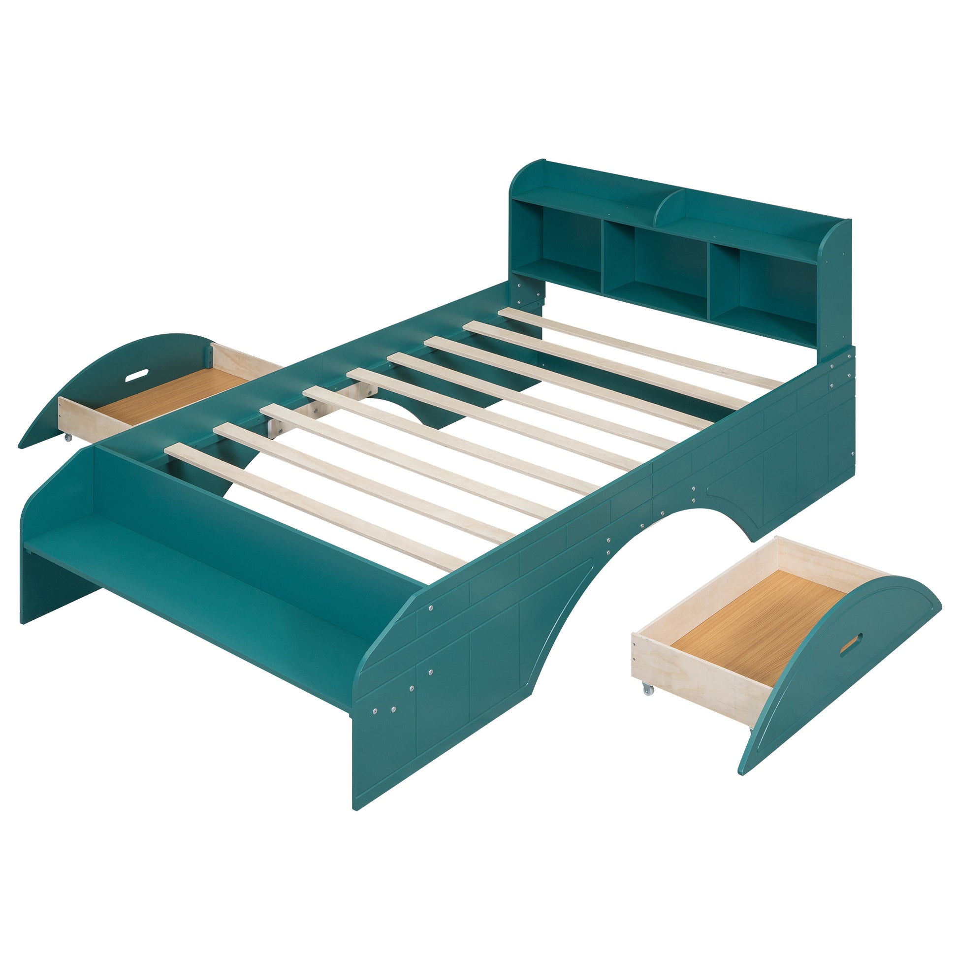 Wood Full Size Platform Bed With 2 Drawers, Storage Headboard And Footboard, Dark Green Box Spring Not Required Full Dark Green Bedroom Bed Frame Solid Wood Mdf