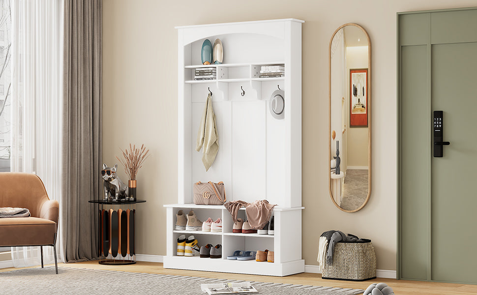 47.2'' Wide Hall Tree With Bench And Shoe Storage, Multi Functional Storage Bench With 3 Hanging Hooks & Open Storage Space, Rectangle Storage & Shelves Coat Rack For Hallway, White White Primary Living Space Shelves Particle Board