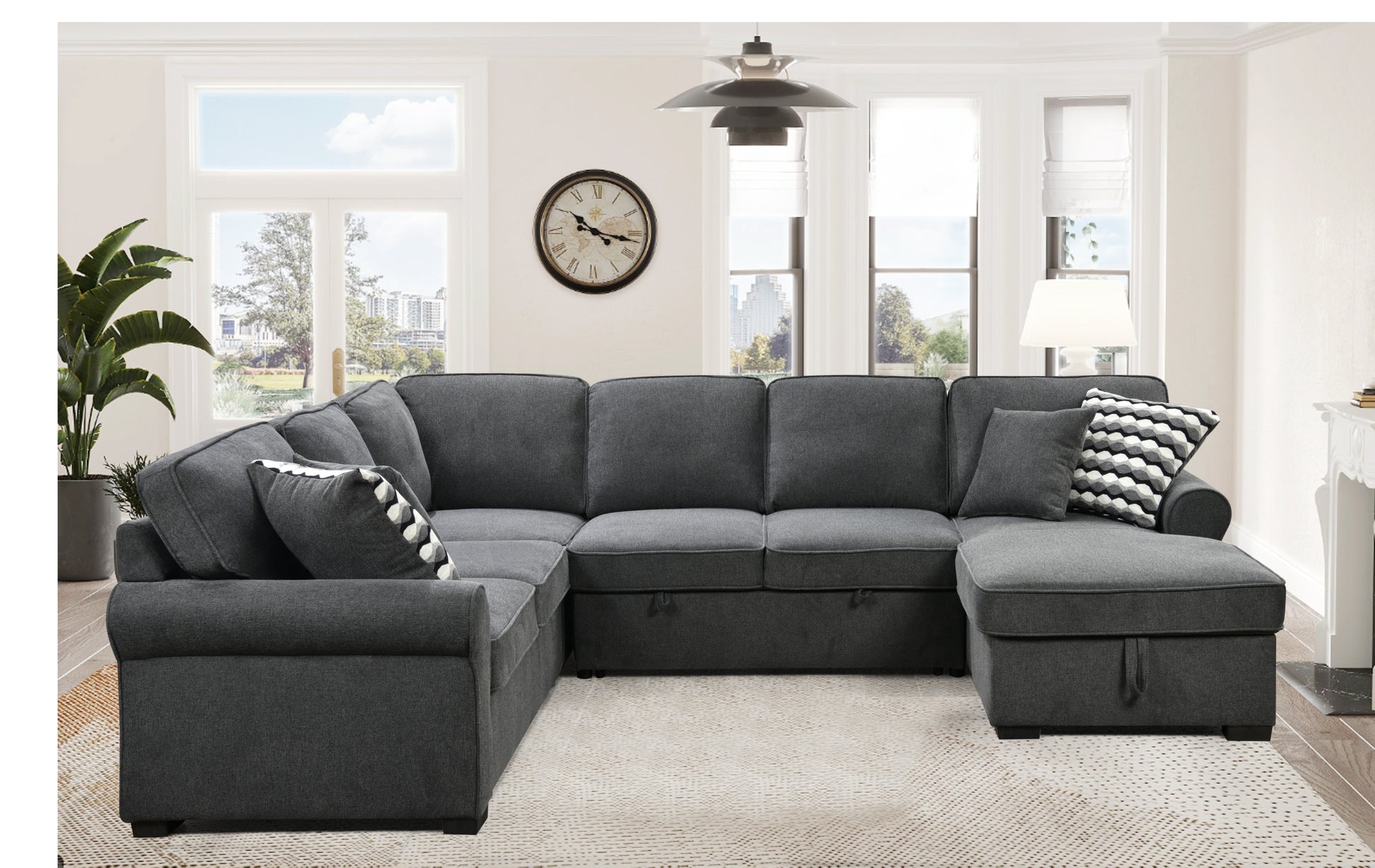 117" Oversized Sectional Sofa With Storage Chaise, Rolled Arms U Shaped Sectional Couch ,Removable Soft Backrest Cushions, With 4 Throw Pillows For Large Space Dorm Apartment,Dark Gray Light Brown Wood Primary Living Space Heavy Duty Eucalyptus 7 Seat