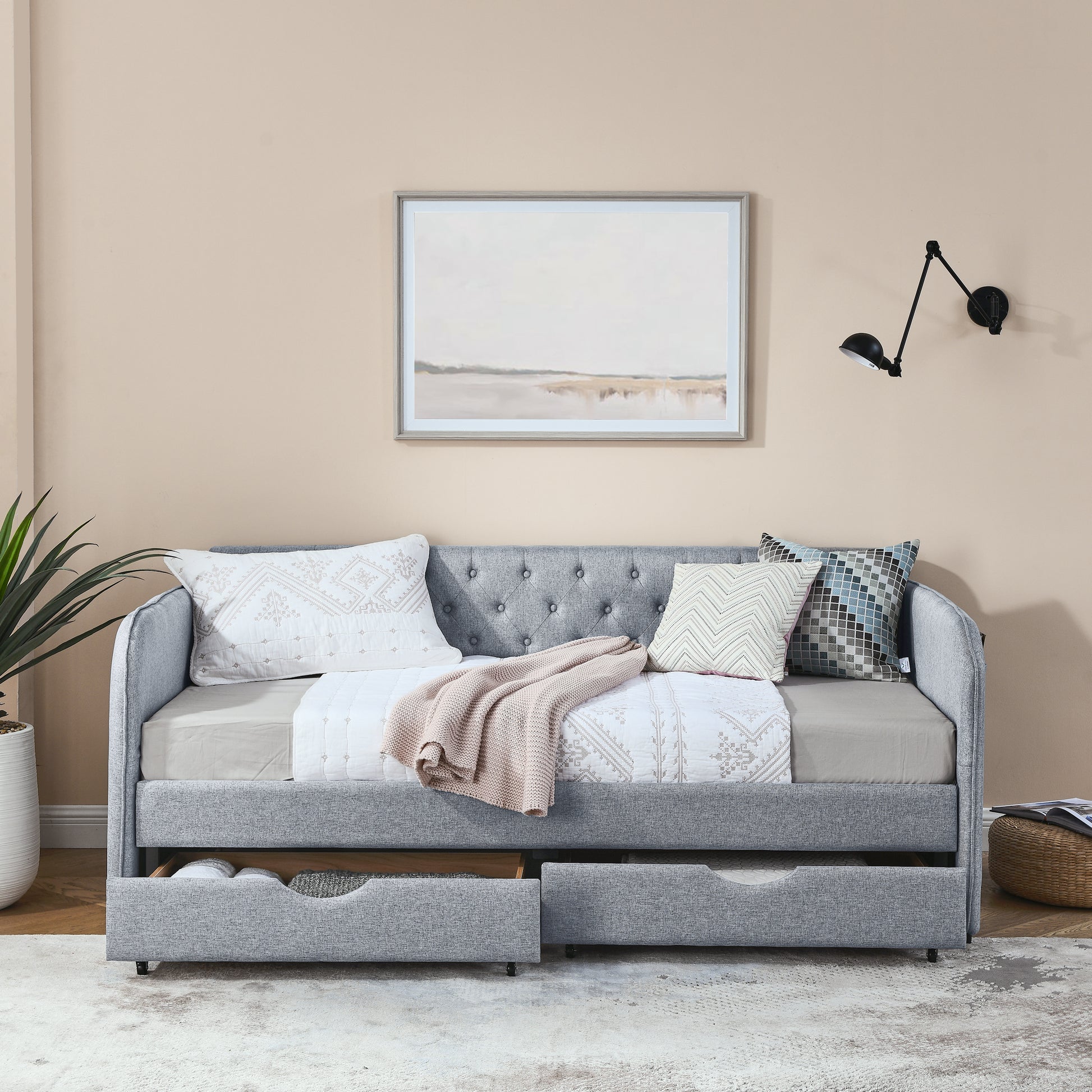 Twin Size Upholstery Daybed With Trundle Bed And Two Storage Drawersflat Arms With Pocket, Extendable Daybed For Bedroom Living Room,Linen Grey Grey Linen