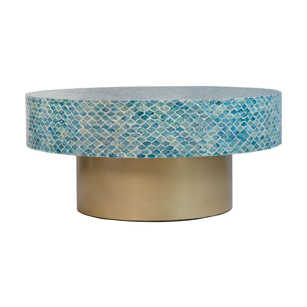 35X35X16" Unique Hyperion Capiz Inlay Drum Coffee Table With Gold Pedestal Base Multi Primary Living Space Beach,Boho,Casual,Coastal,Modern Mdf