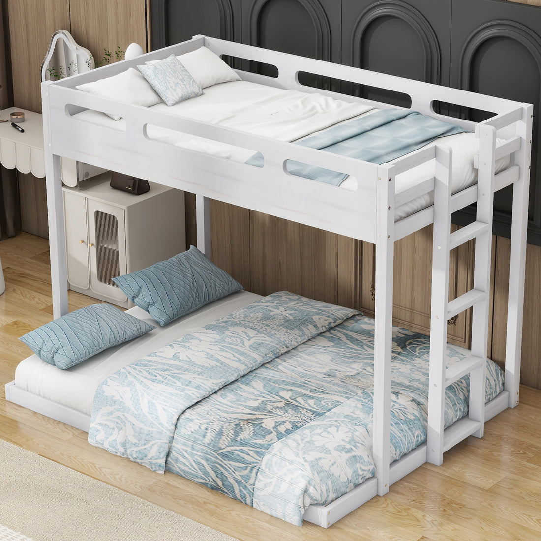 Twin Over Full Bunk Bed With Built In Ladder,White White Solid Wood Mdf