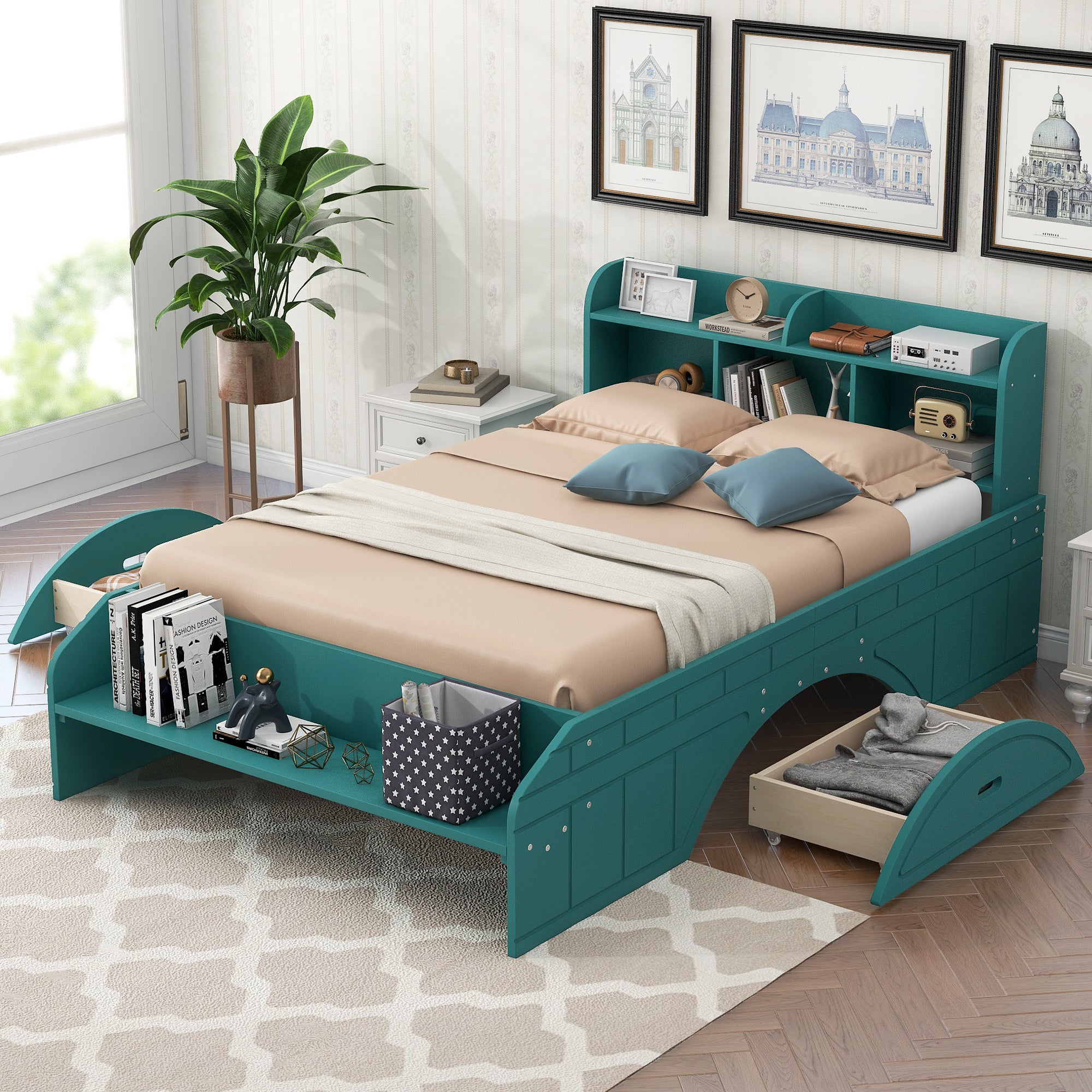 Wood Full Size Platform Bed With 2 Drawers, Storage Headboard And Footboard, Dark Green Box Spring Not Required Full Dark Green Bedroom Bed Frame Solid Wood Mdf