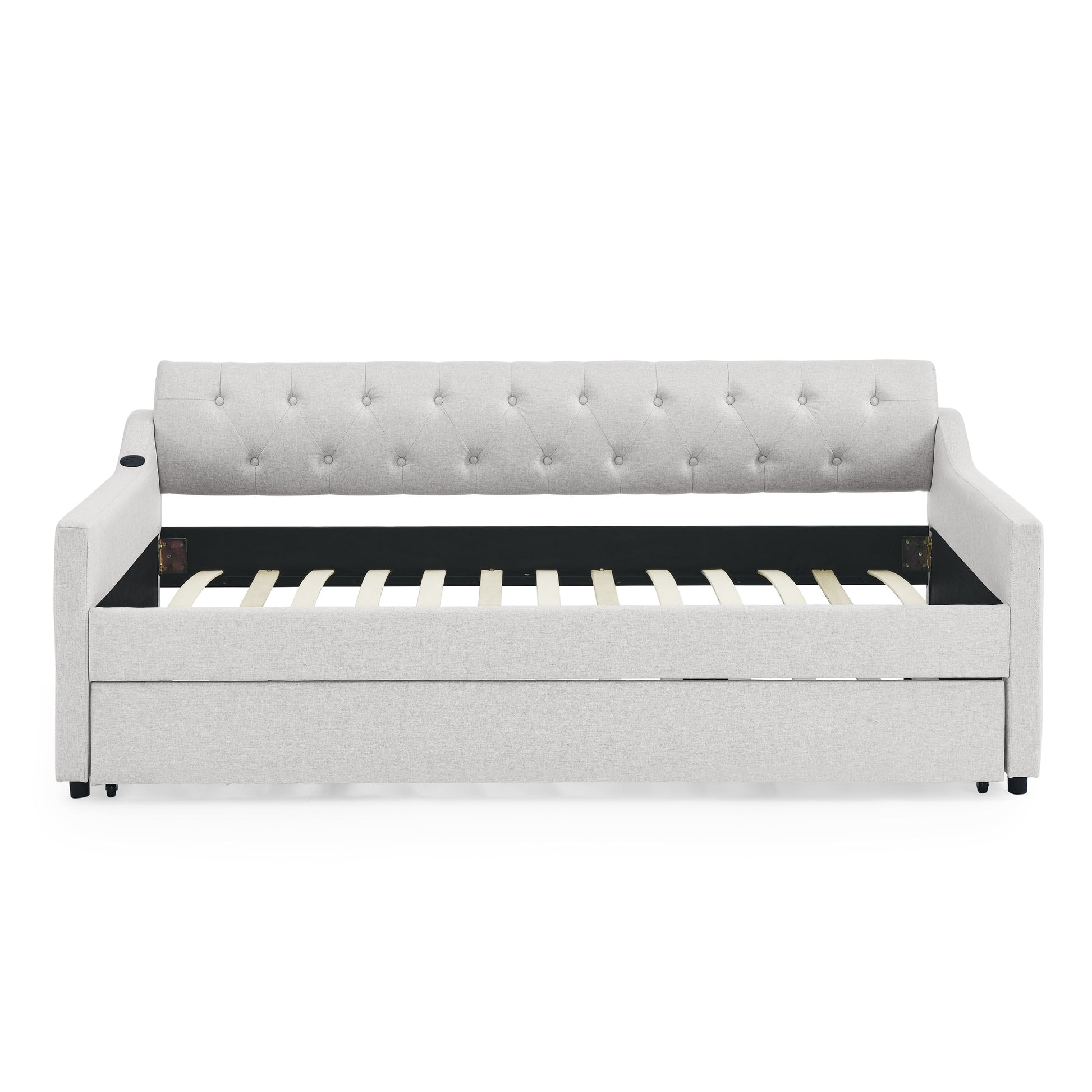 Twin Size Upholstery Daybed With Twin Size Erectable Trundle And Usb Charging Design, Linen Beige Twin Beige Linen