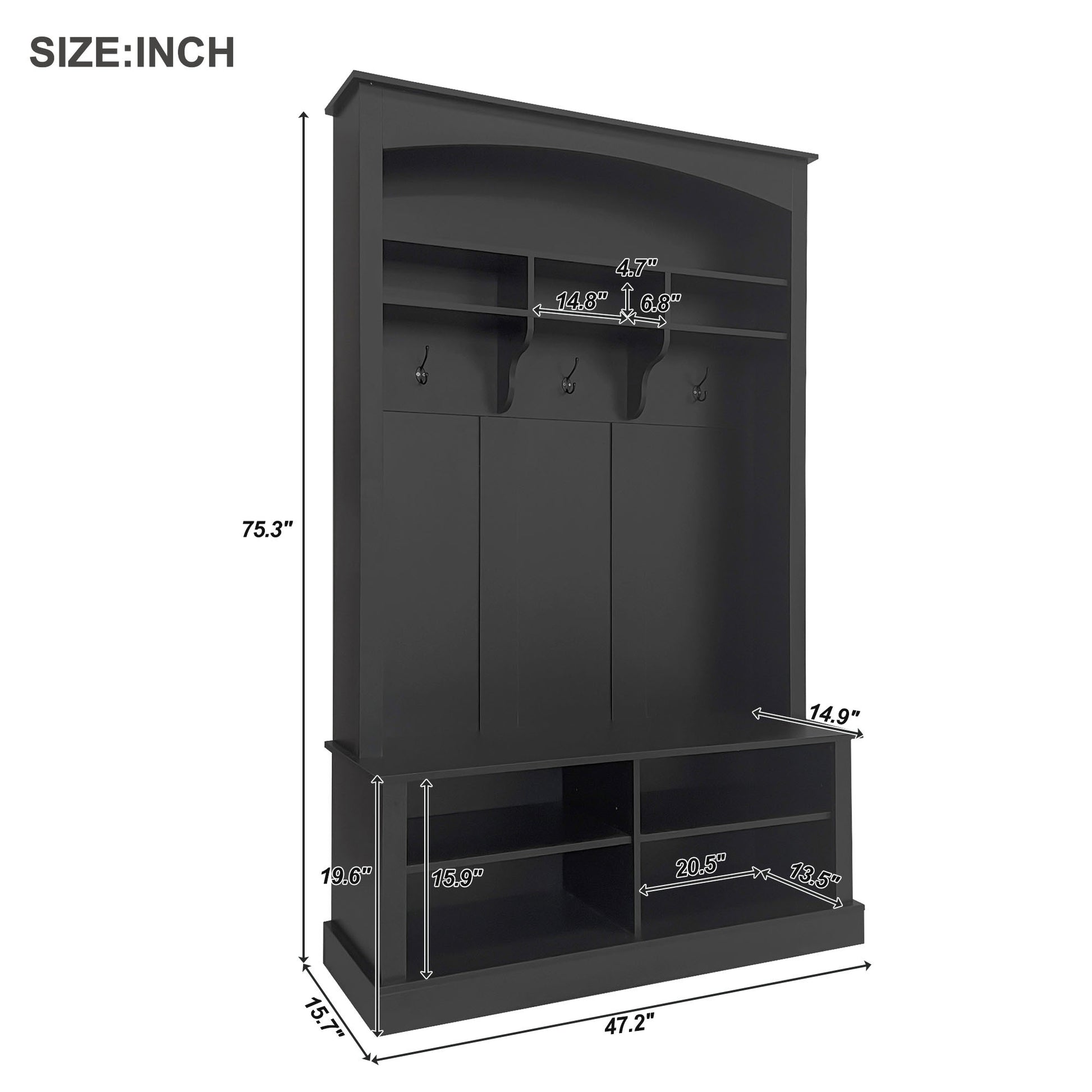 47.2'' Wide Hall Tree With Bench And Shoe Storage, Multi Functional Storage Bench With 3 Hanging Hooks & Open Storage Space, Rectangle Storage & Shelves Coat Rack For Hallway, Black Black Primary Living Space Shelves Particle Board