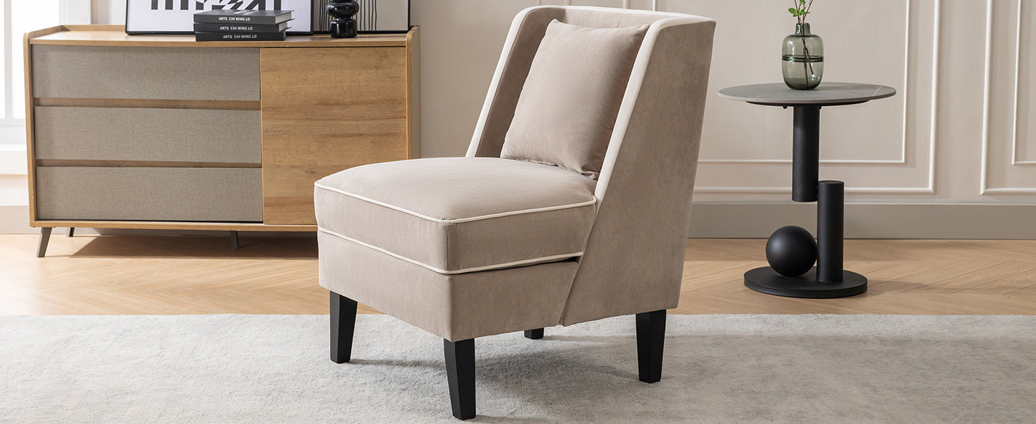 Velvet Upholstered Accent Chair With Cream Piping, Tan And Cream Tan Upholstered