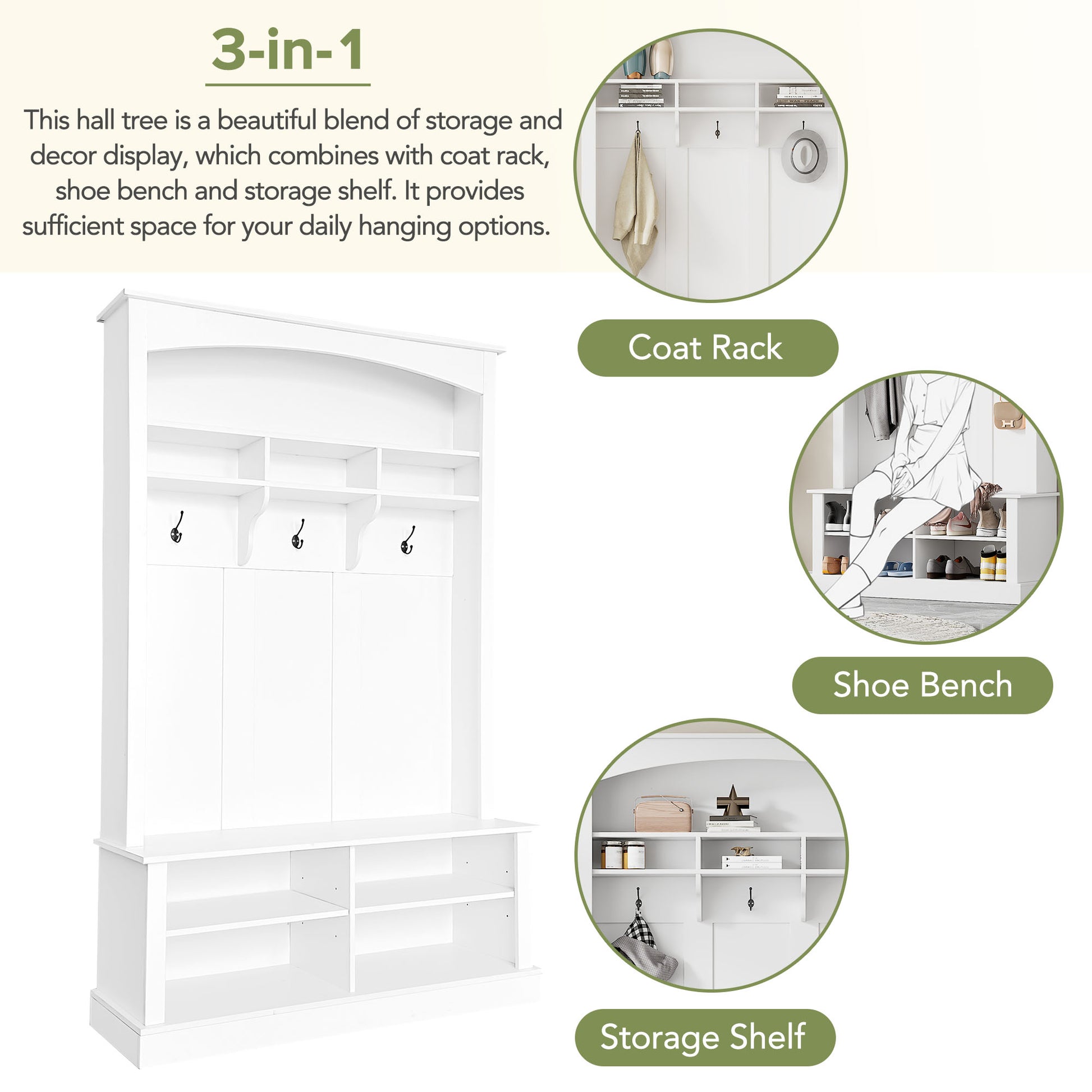 47.2'' Wide Hall Tree With Bench And Shoe Storage, Multi Functional Storage Bench With 3 Hanging Hooks & Open Storage Space, Rectangle Storage & Shelves Coat Rack For Hallway, White White Primary Living Space Shelves Particle Board