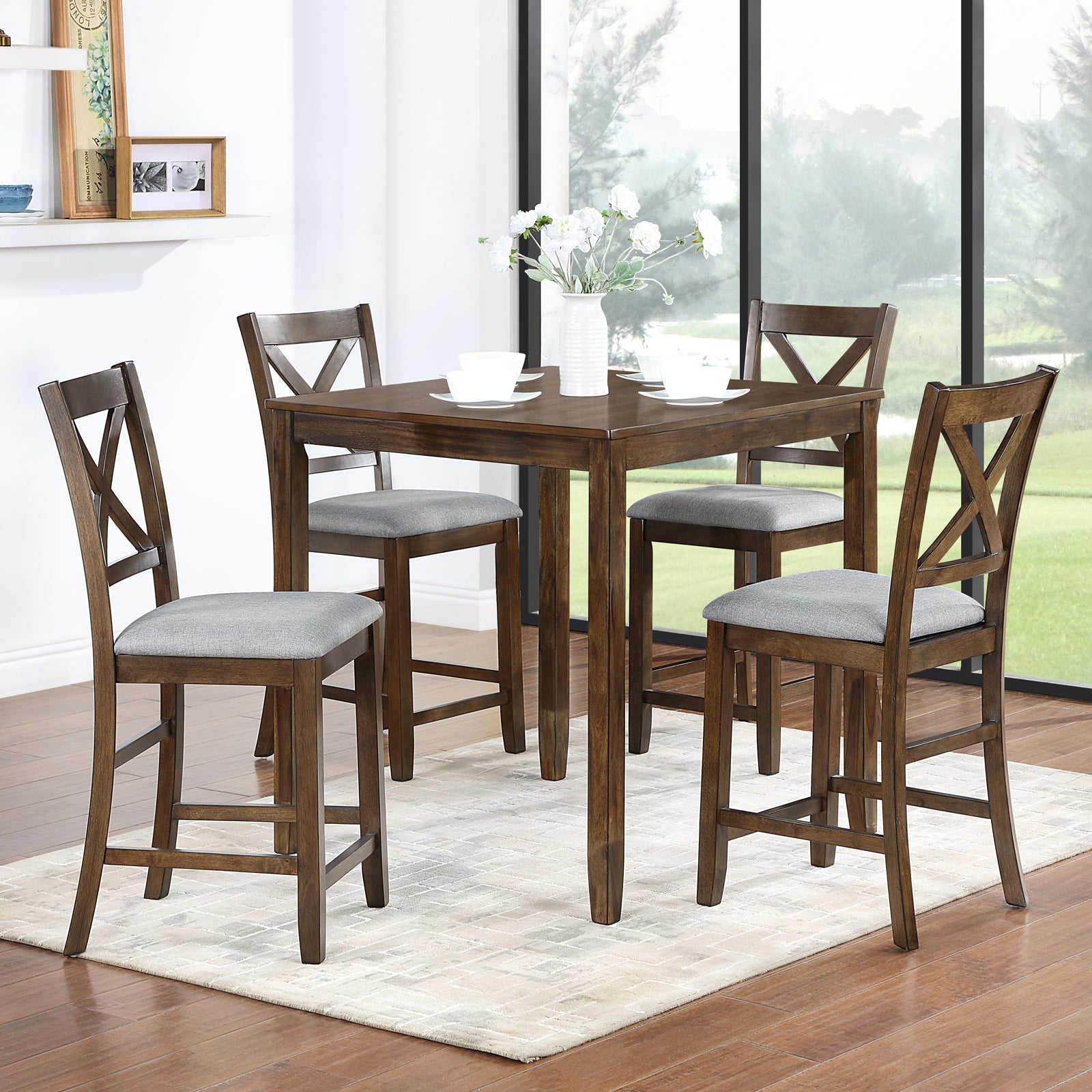 5 Piece Dining Table Set, Wooden Dining Square Table Set For 4, Counter Height Kitchen Table Set With Square Table And 4 Upholstered Chairs For Small Space, Walnut Wood Walnut Seats 4 Gray Wood Dining Room Acacia 4 Leg Square Dining Table With Chair