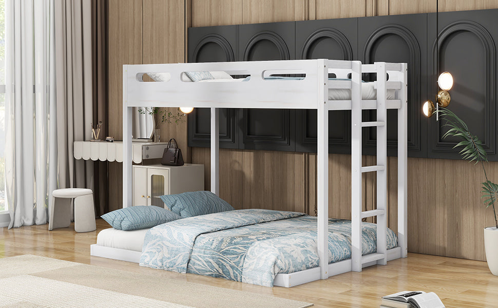 Twin Over Full Bunk Bed With Built In Ladder,White White Solid Wood Mdf