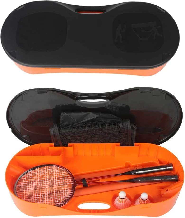 Portable Badminton Net Set Storage Box Base With 2 Battledores 2 Shuttlecocks Large, Orange Orange Metal