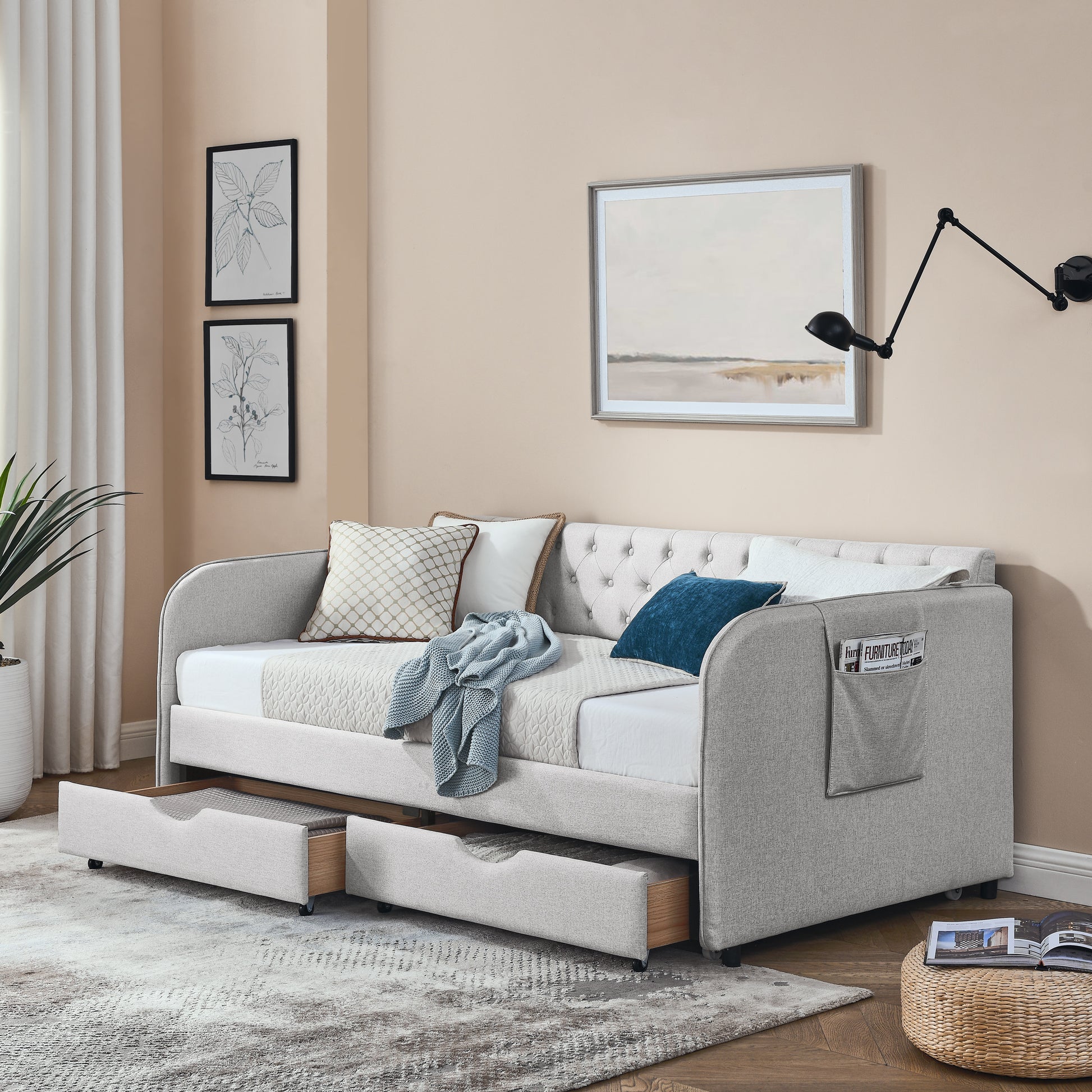 Twin Size Upholstery Daybed With Trundle Bed And Two Storage Drawersflat Arms With Pocket, Extendable Daybed For Bedroom Living Room,Linen Beige Beige Linen