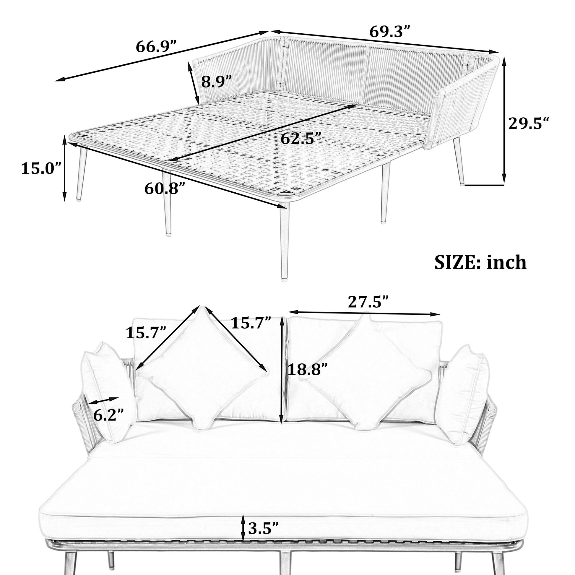 Outdoor Patio Daybed, Woven Nylon Rope Backrest With Washable Cushions For Balcony, Poolside, Set For 2 Person, Gray Yes Complete Patio Set Black Gray Weather Resistant Frame Stain Resistant Cushions Garden & Outdoor Casual Complete Patio Sets Foam Pvc