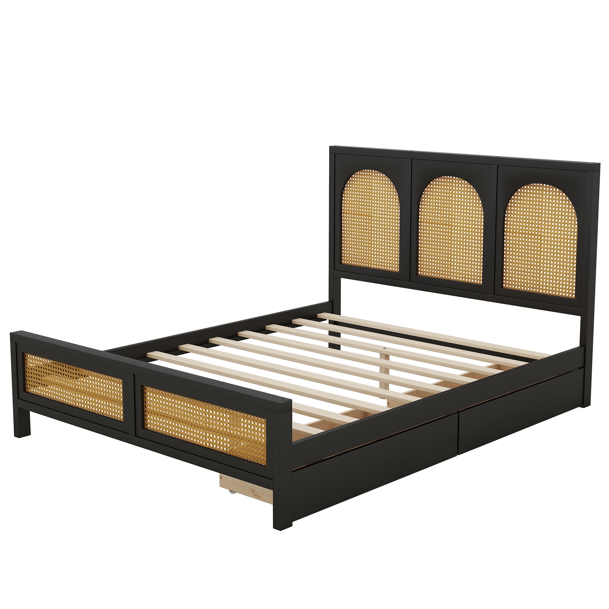 Full Size Wood Storage Platform Bed With 2 Drawers, Rattan Headboard And Footboard, Black Box Spring Not Required Full Black Wood Bathroom Wood Rattan