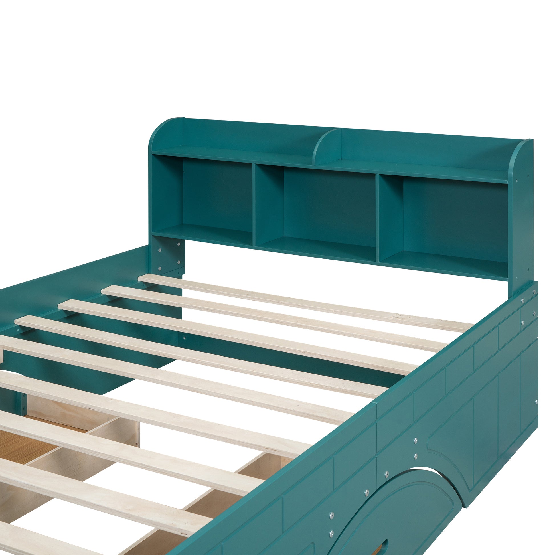 Wood Full Size Platform Bed With 2 Drawers, Storage Headboard And Footboard, Dark Green Box Spring Not Required Full Dark Green Bedroom Bed Frame Solid Wood Mdf