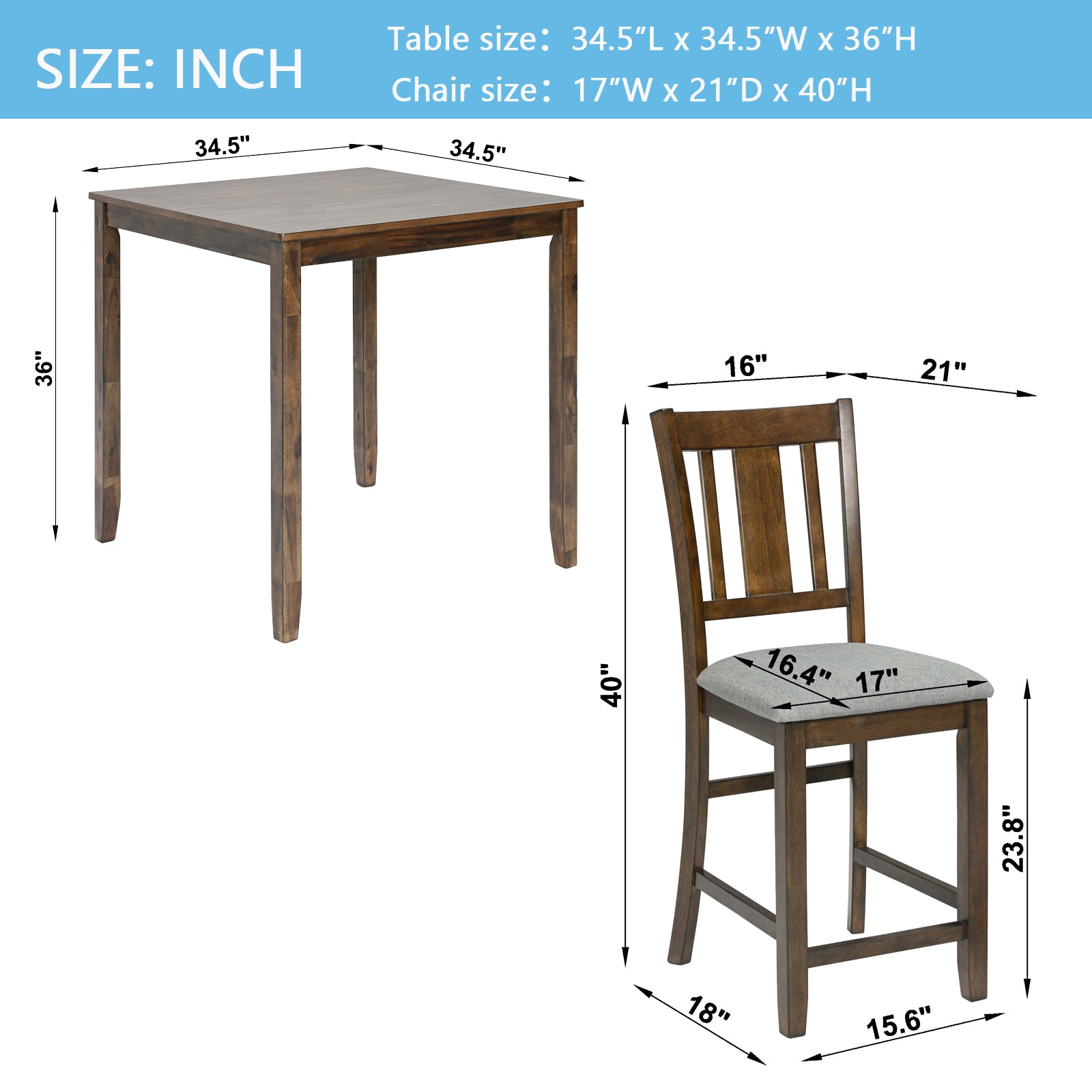 5 Piece Dining Table Set, Wooden Dining Square Table Set For 4, Counter Height Kitchen Table Set With Square Table And 4 Upholstered Chairs For Small Space, Walnut Wood Walnut Seats 4 Gray Wood Dining Room Acacia 4 Leg Square Dining Table With Chair