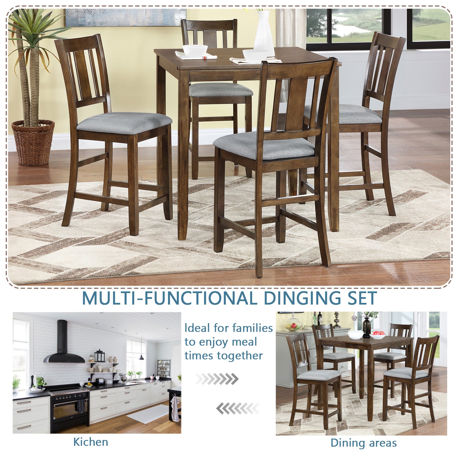 5 Piece Dining Table Set, Wooden Dining Square Table Set For 4, Counter Height Kitchen Table Set With Square Table And 4 Upholstered Chairs For Small Space, Walnut Wood Walnut Seats 4 Gray Wood Dining Room Acacia 4 Leg Square Dining Table With Chair