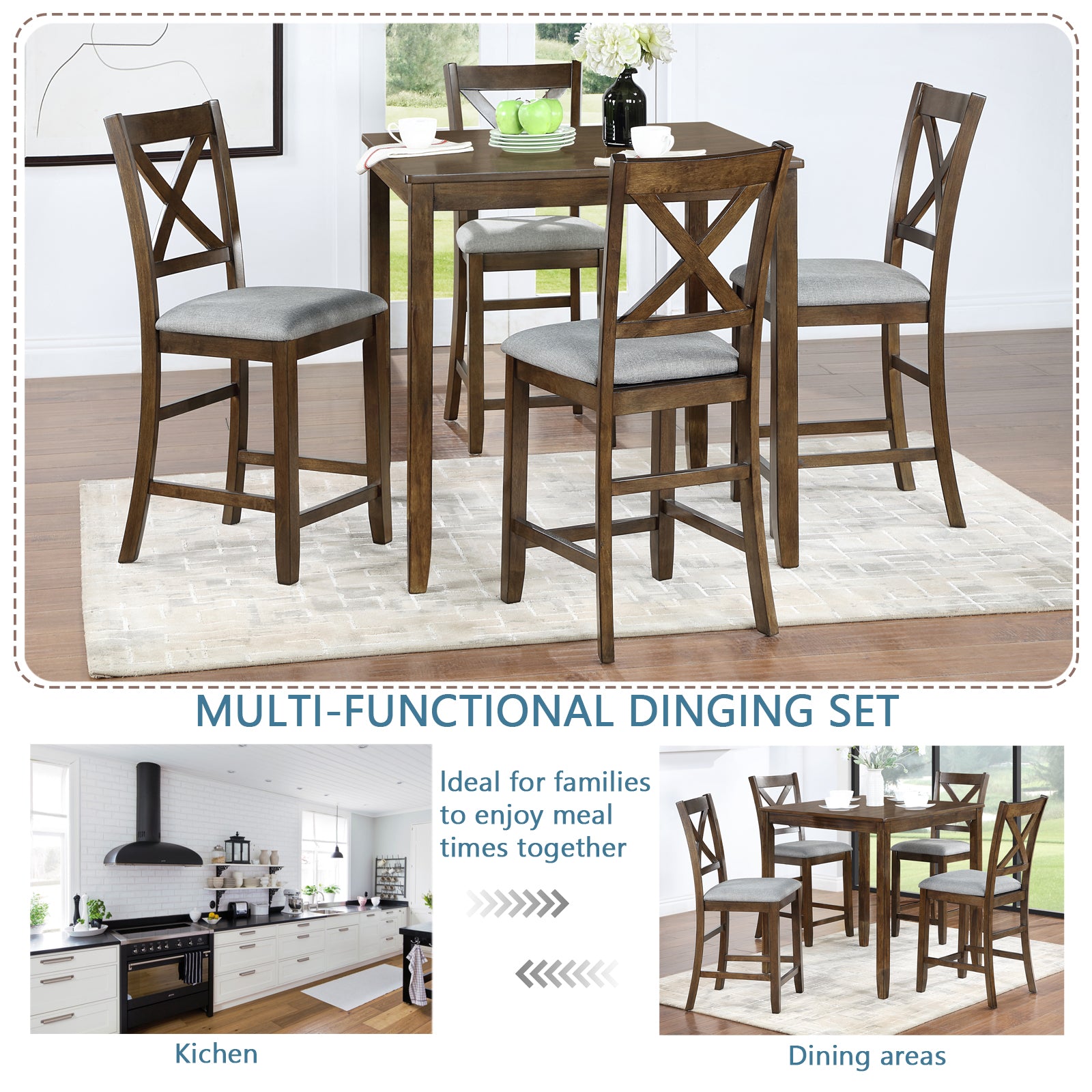 5 Piece Dining Table Set, Wooden Dining Square Table Set For 4, Counter Height Kitchen Table Set With Square Table And 4 Upholstered Chairs For Small Space, Walnut Wood Walnut Seats 4 Gray Wood Dining Room Acacia 4 Leg Square Dining Table With Chair