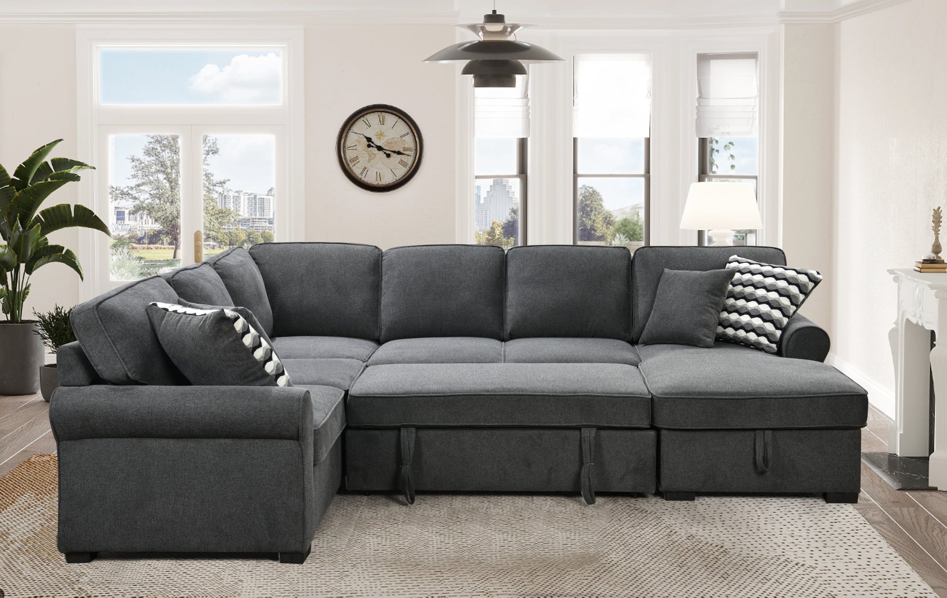 117" Oversized Sectional Sofa With Storage Chaise, Rolled Arms U Shaped Sectional Couch ,Removable Soft Backrest Cushions, With 4 Throw Pillows For Large Space Dorm Apartment,Dark Gray Light Brown Wood Primary Living Space Heavy Duty Eucalyptus 7 Seat