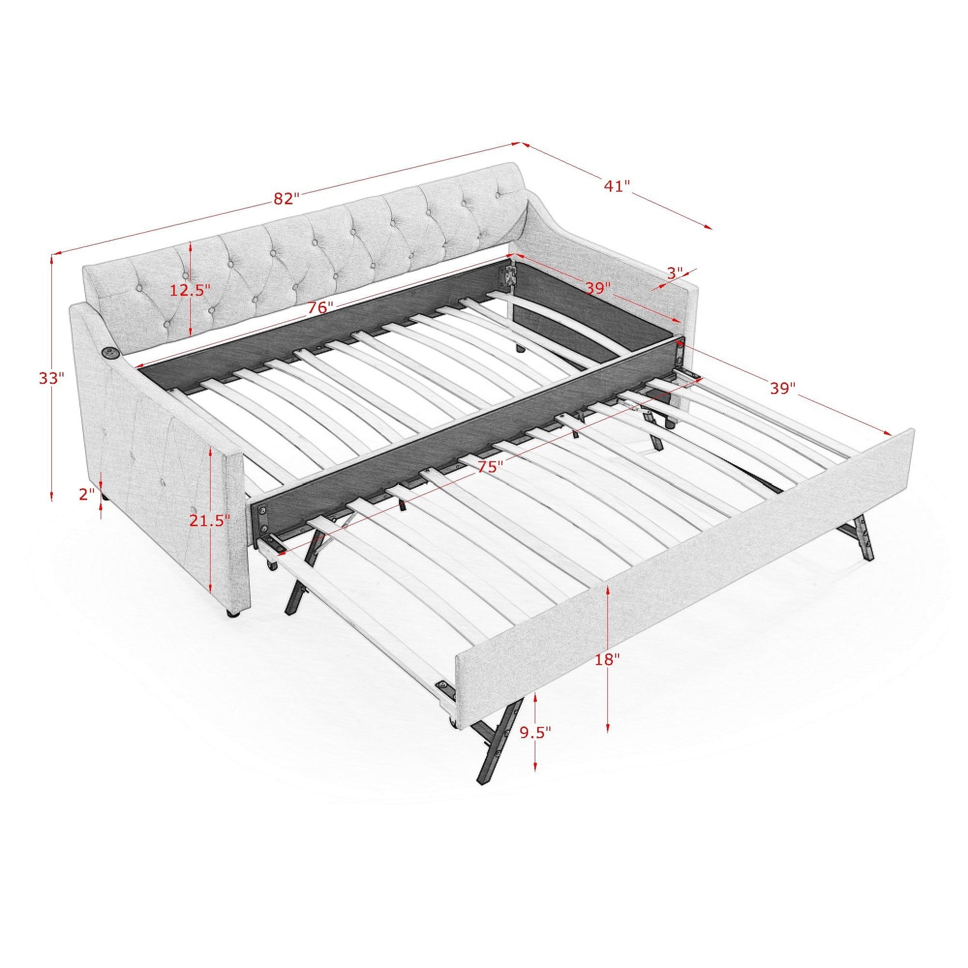 Twin Size Upholstery Daybed With Twin Size Erectable Trundle And Usb Charging Design, Linen Beige Twin Beige Linen