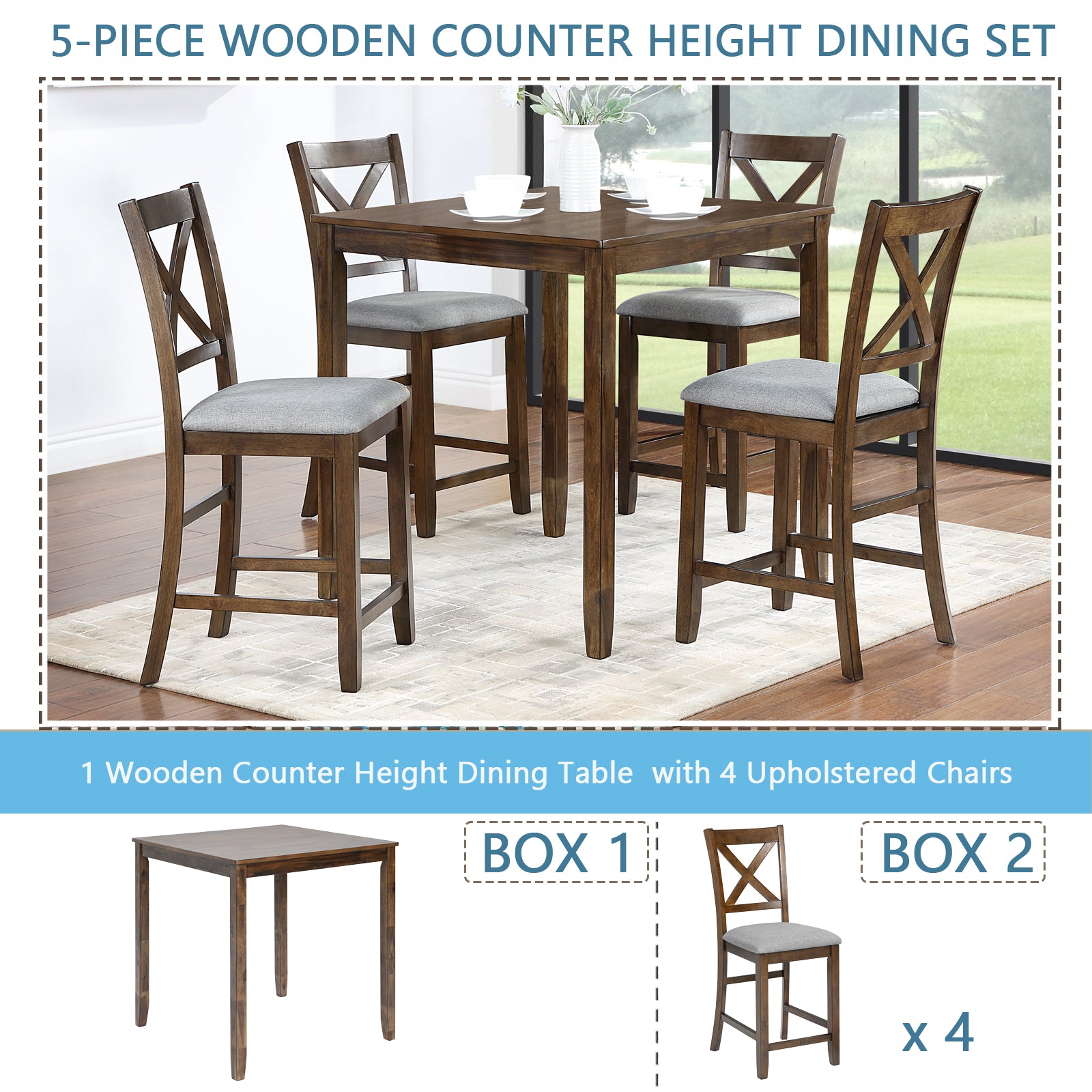 5 Piece Dining Table Set, Wooden Dining Square Table Set For 4, Counter Height Kitchen Table Set With Square Table And 4 Upholstered Chairs For Small Space, Walnut Wood Walnut Seats 4 Gray Wood Dining Room Acacia 4 Leg Square Dining Table With Chair