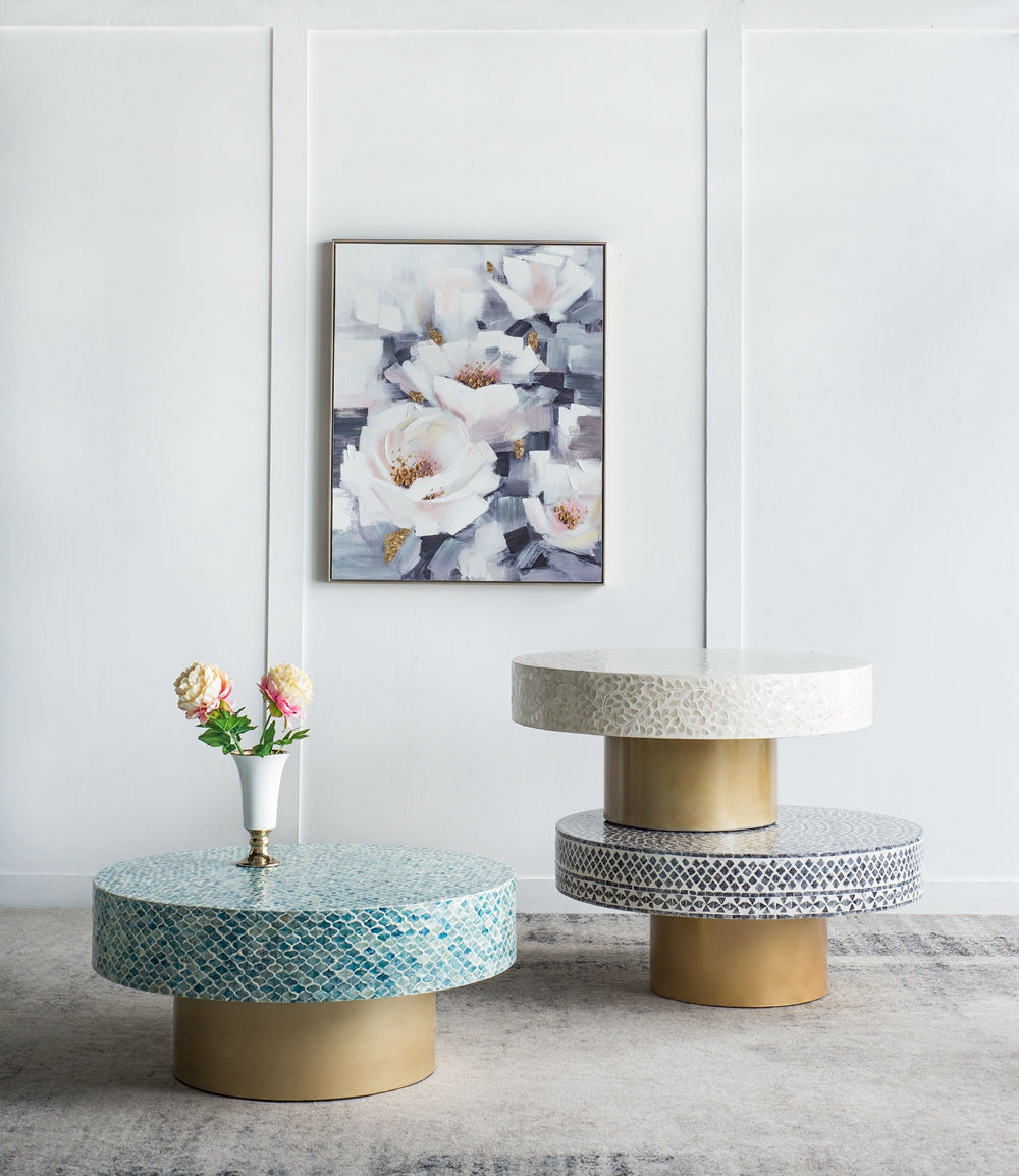 35X35X16" Unique Cream Capiz Coffee Table With Gold Pedestal Base Multi Primary Living Space Beach,Boho,Casual,Coastal,Modern Mdf