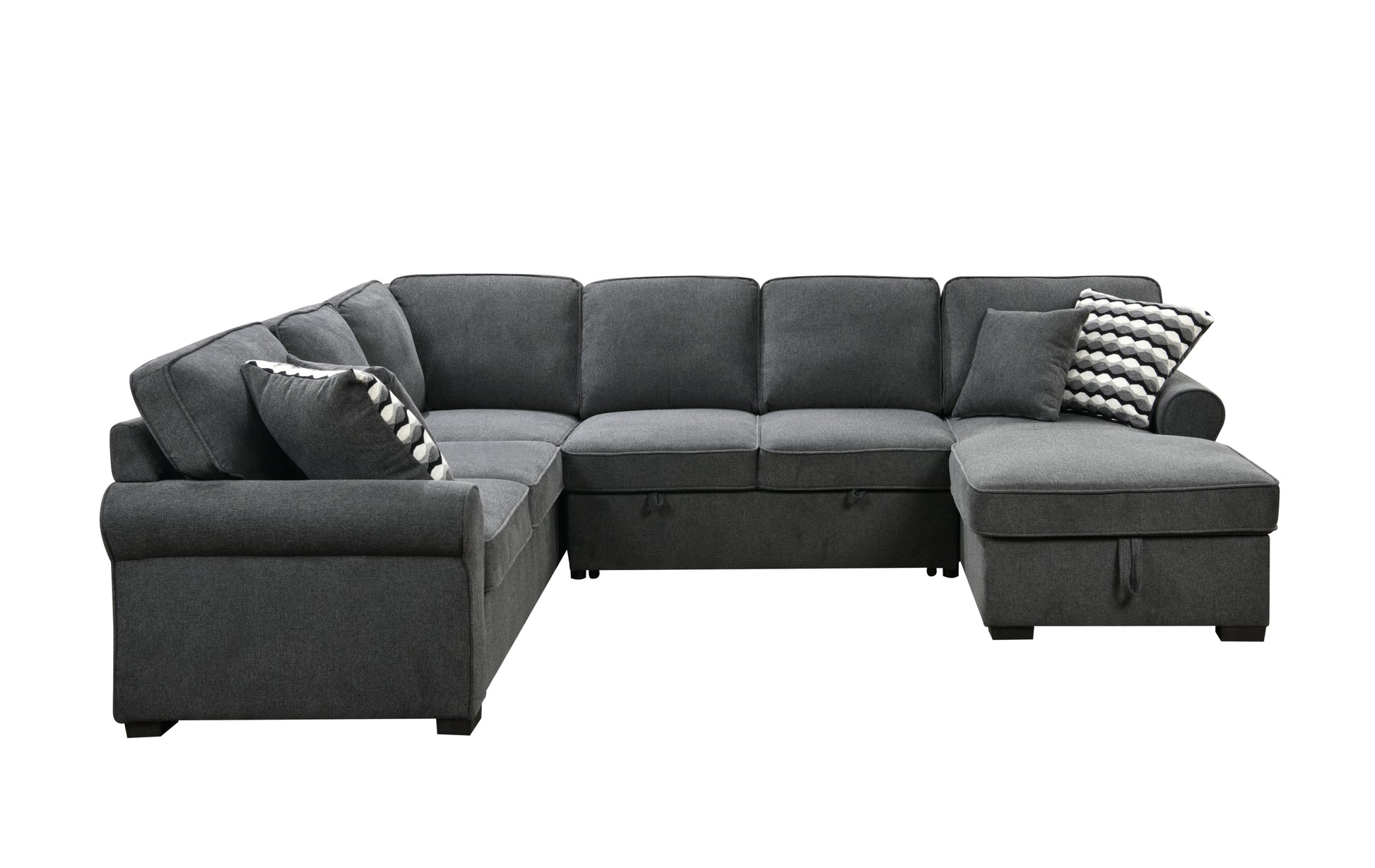 117" Oversized Sectional Sofa With Storage Chaise, Rolled Arms U Shaped Sectional Couch ,Removable Soft Backrest Cushions, With 4 Throw Pillows For Large Space Dorm Apartment,Dark Gray Light Brown Wood Primary Living Space Heavy Duty Eucalyptus 7 Seat