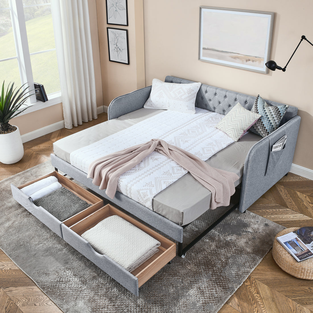 Twin Size Upholstery Daybed With Trundle Bed And Two Storage Drawersflat Arms With Pocket, Extendable Daybed For Bedroom Living Room,Linen Grey Grey Linen