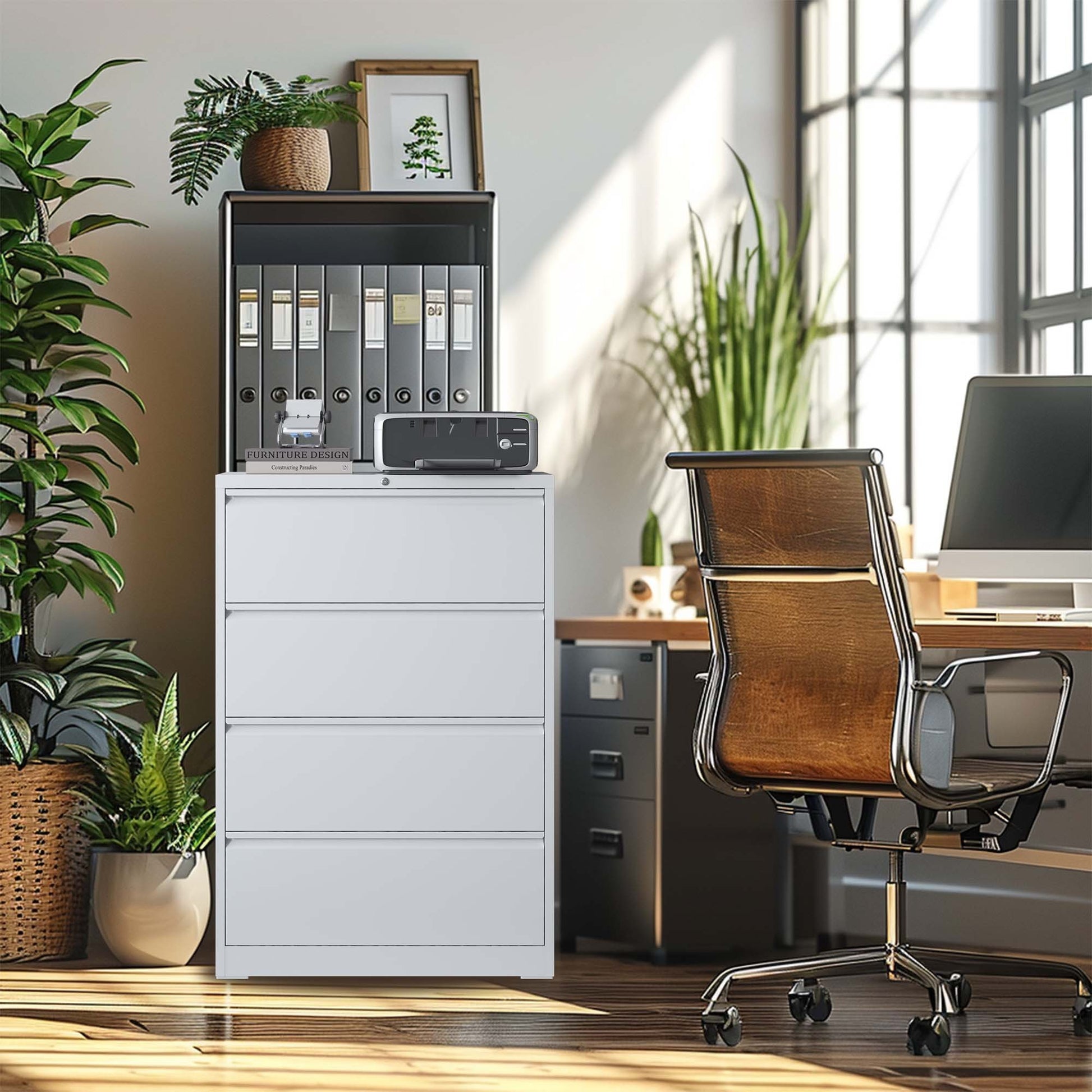 Lateral File Cabinet 4 Drawer, White Filing Cabinet With Lock, Lockable File Cabinet For Home Office, Locking Metal File Cabinet For Legal Letter A4 F4 Size Filing Cabinets 3 4 Drawers White Office Drawers Included Modern Metal Metal