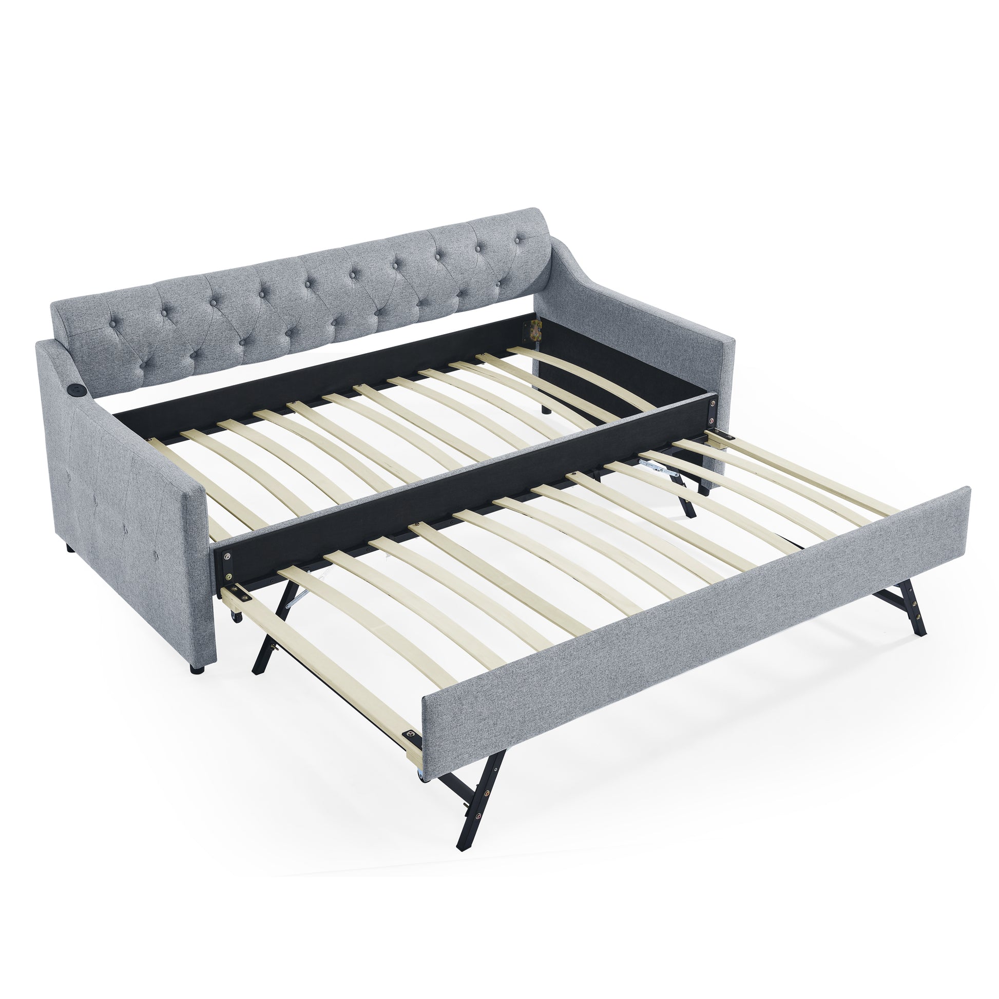 Twin Size Upholstery Daybed With Twin Size Erectable Trundle And Usb Charging Design, Linen Grey Twin Grey Linen