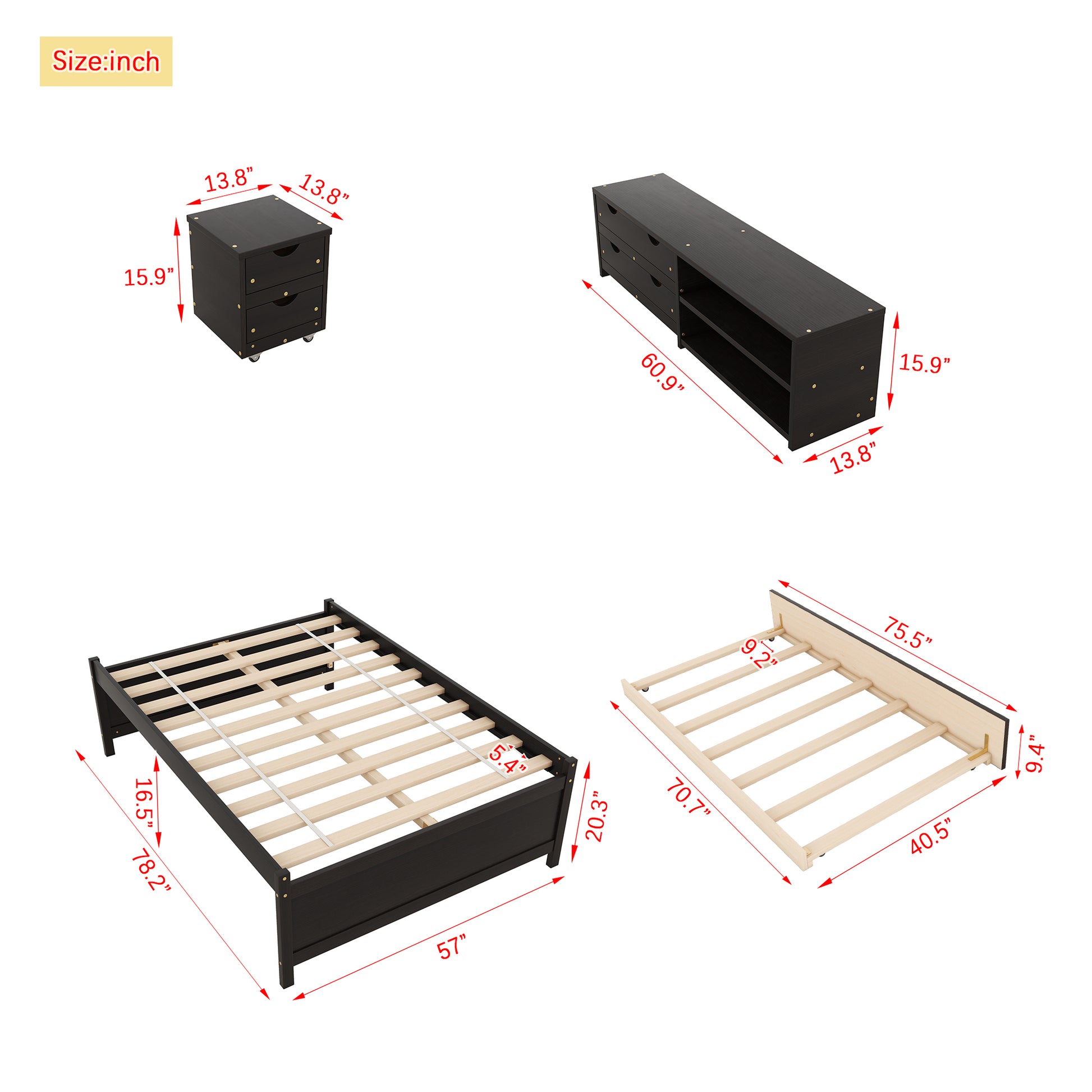 Versatile Full Bed With Trundle,Under Bed Storage Box And Nightstand .Espresso Full Espresso Pine