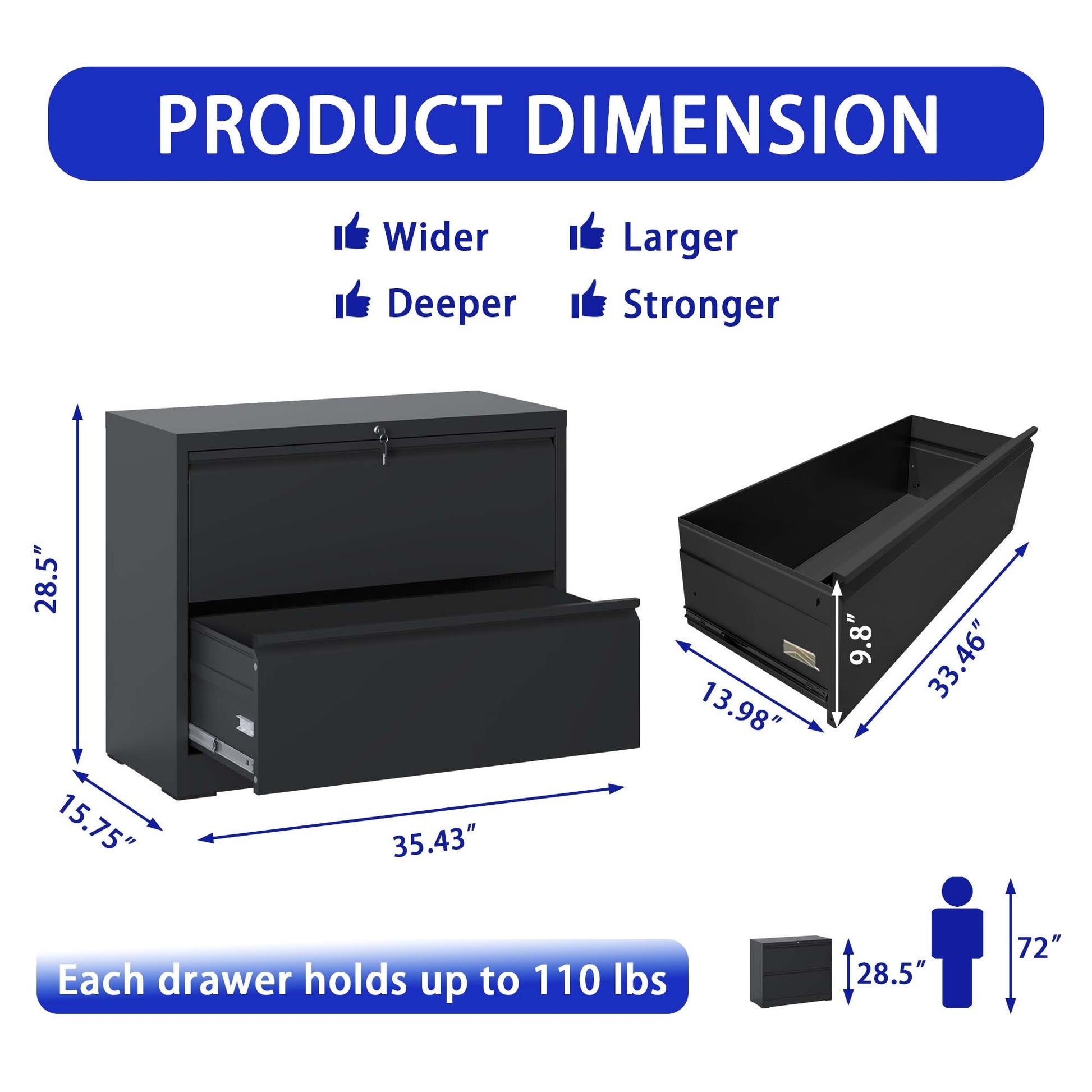 Lateral File Cabinet 2 Drawer, Black Filing Cabinet With Lock, Lockable File Cabinet For Home Office, Locking Metal File Cabinet For Legal Letter A4 F4 Size Filing Cabinets 1 2 Drawers Black Office Drawers Included Modern Metal Metal