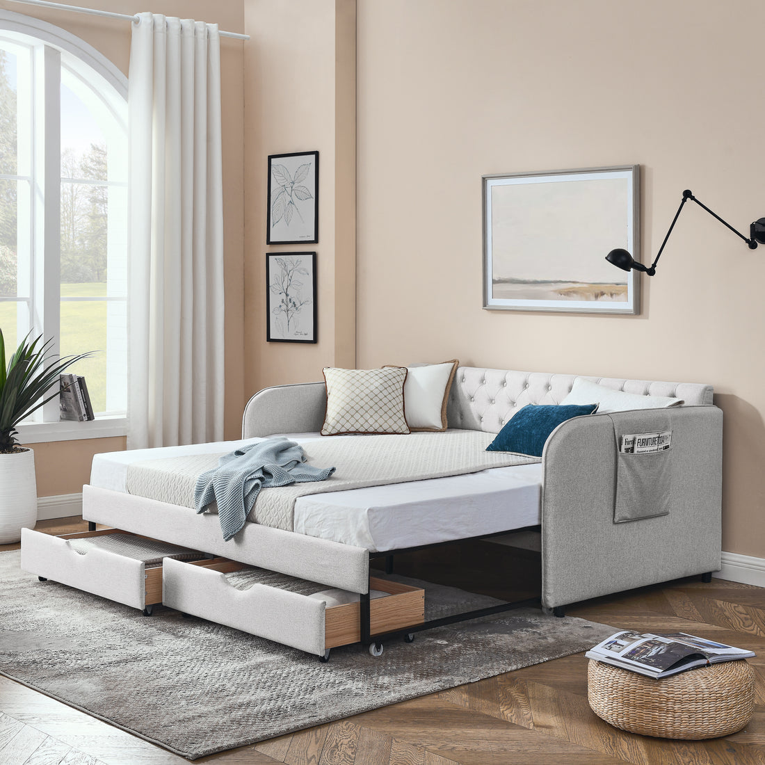 Twin Size Upholstery Daybed With Trundle Bed And Two Storage Drawersflat Arms With Pocket, Extendable Daybed For Bedroom Living Room,Linen Beige Beige Linen