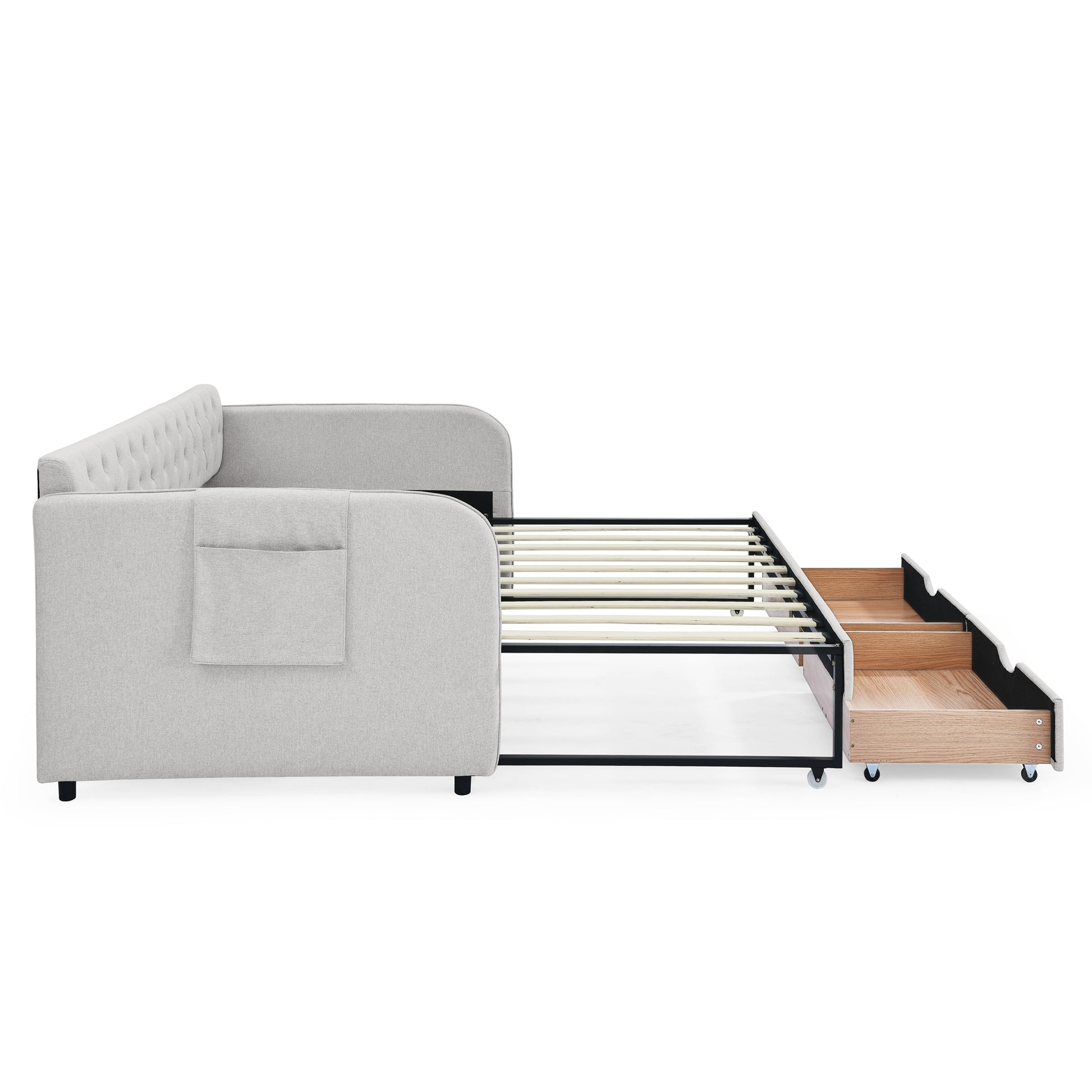 Twin Size Upholstery Daybed With Trundle Bed And Two Storage Drawersflat Arms With Pocket, Extendable Daybed For Bedroom Living Room,Linen Beige Beige Linen