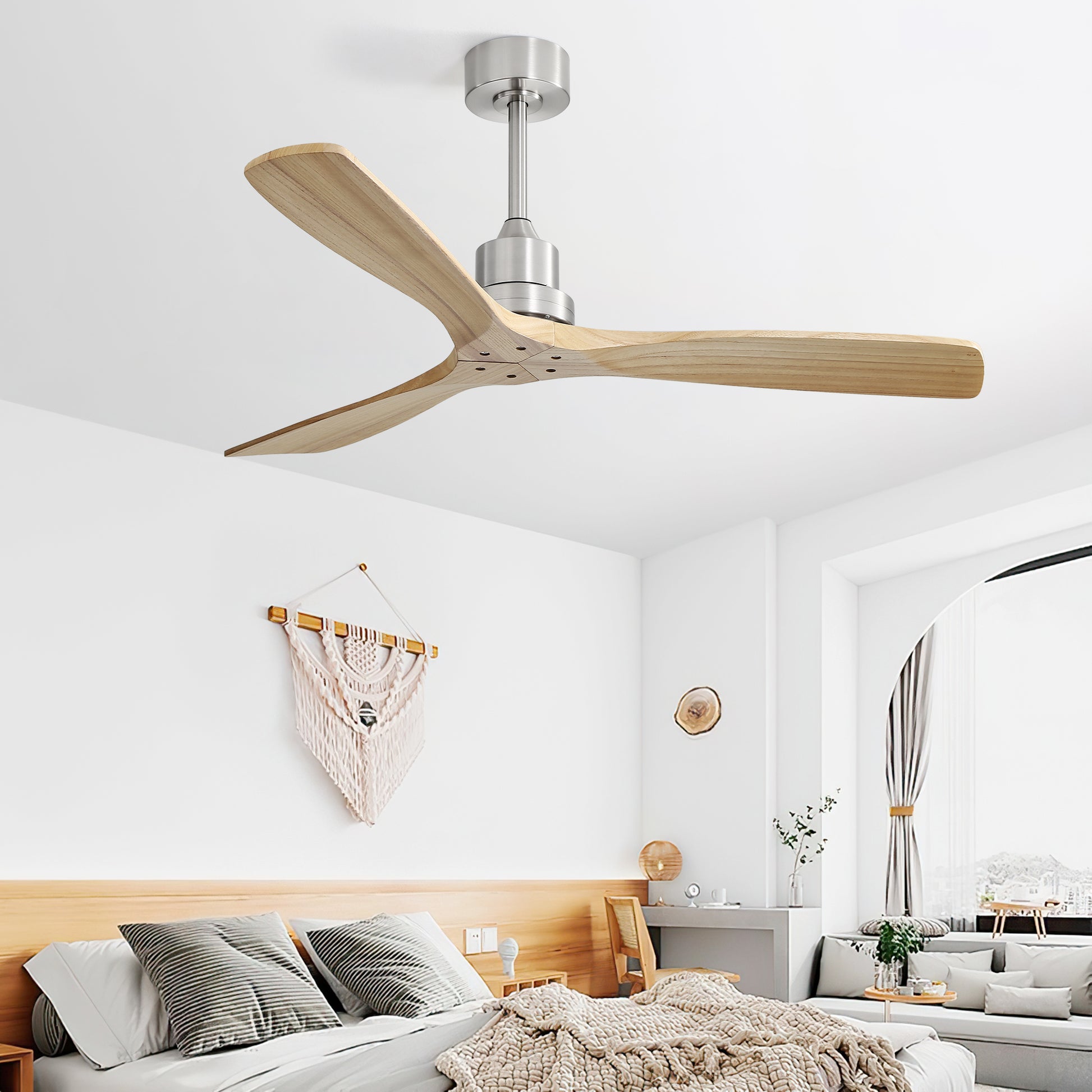 52 Inch Outdoor Farmhouse Ceiling Fan With Remote Control Solid Wood Fan Blade Reversible Motor Brushed Nickel Metal & Wood