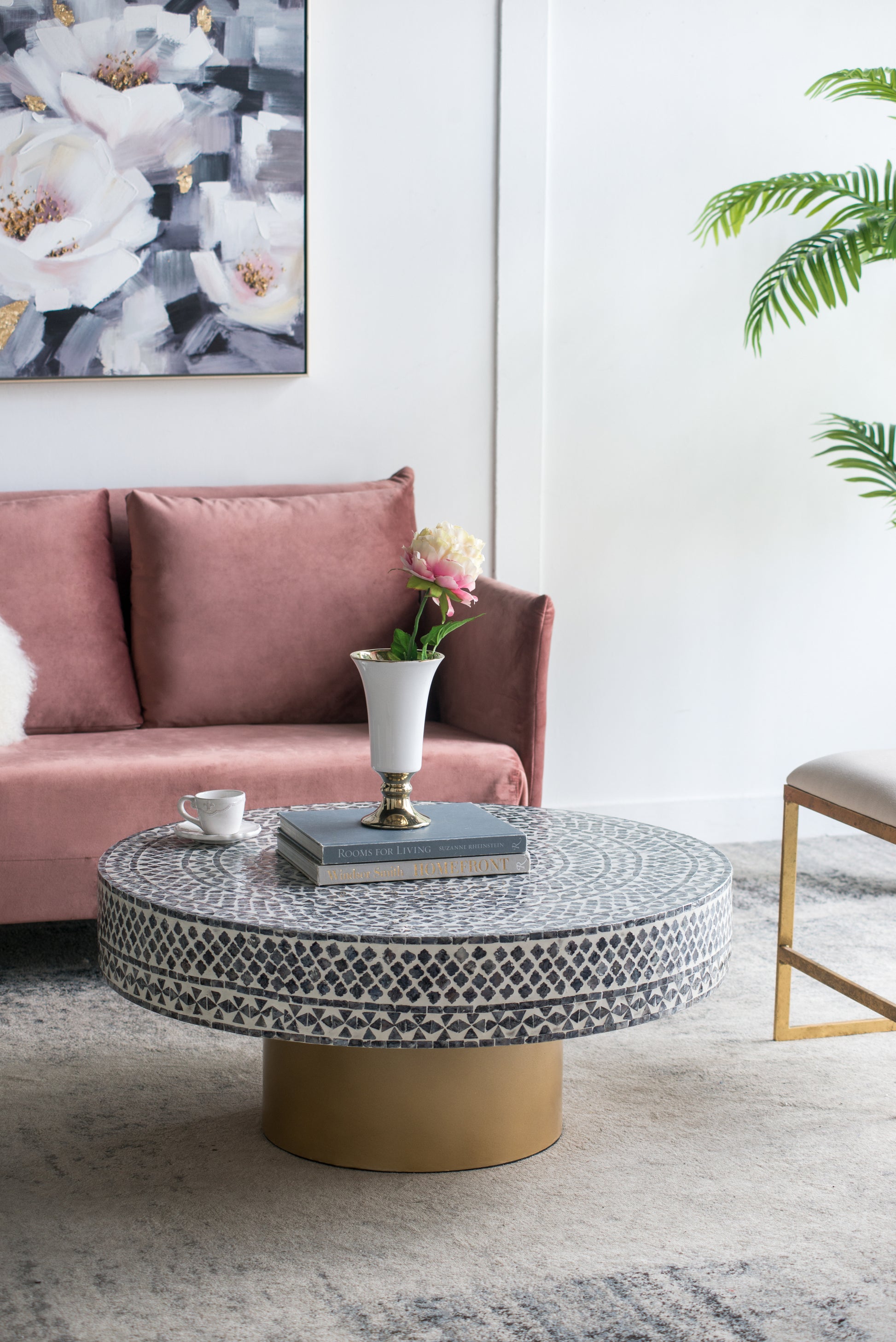 35X35X16" Unique Gray Black Ivory Capiz Coffee Table With Gold Pedestal Base Multi Primary Living Space Beach,Boho,Casual,Coastal,Modern Mdf