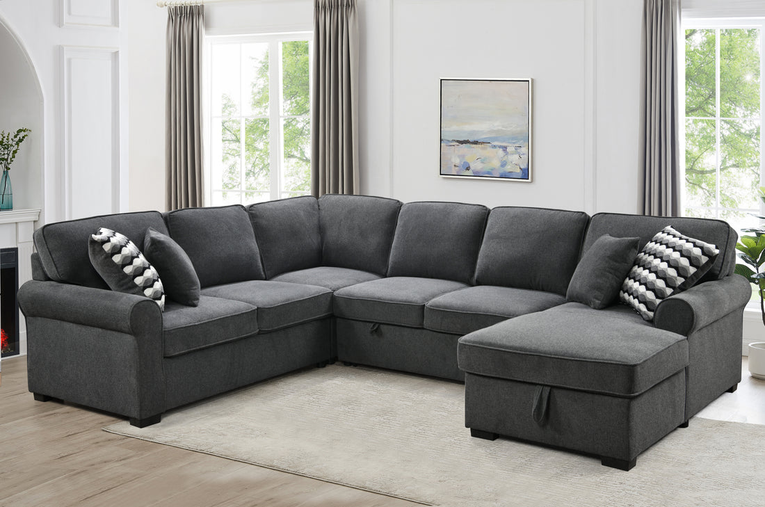 117" Oversized Sectional Sofa With Storage Chaise, Rolled Arms U Shaped Sectional Couch ,Removable Soft Backrest Cushions, With 4 Throw Pillows For Large Space Dorm Apartment,Dark Gray Light Brown Wood Primary Living Space Heavy Duty Eucalyptus 7 Seat