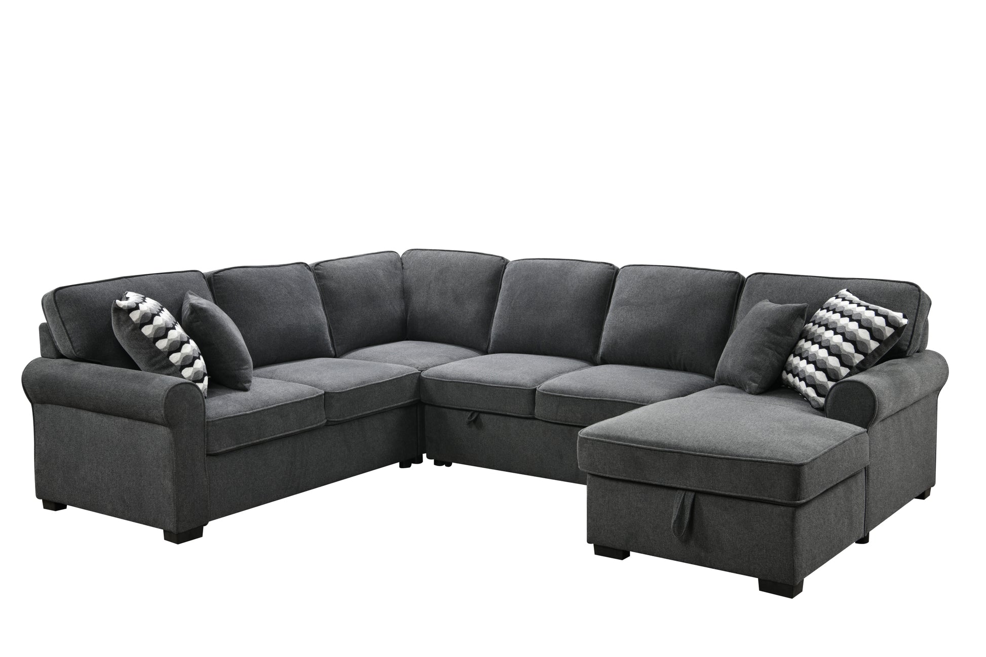 117" Oversized Sectional Sofa With Storage Chaise, Rolled Arms U Shaped Sectional Couch ,Removable Soft Backrest Cushions, With 4 Throw Pillows For Large Space Dorm Apartment,Dark Gray Light Brown Wood Primary Living Space Heavy Duty Eucalyptus 7 Seat