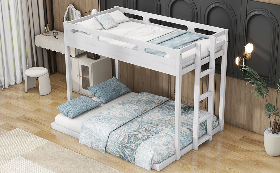 Twin Over Full Bunk Bed With Built In Ladder,White White Solid Wood Mdf