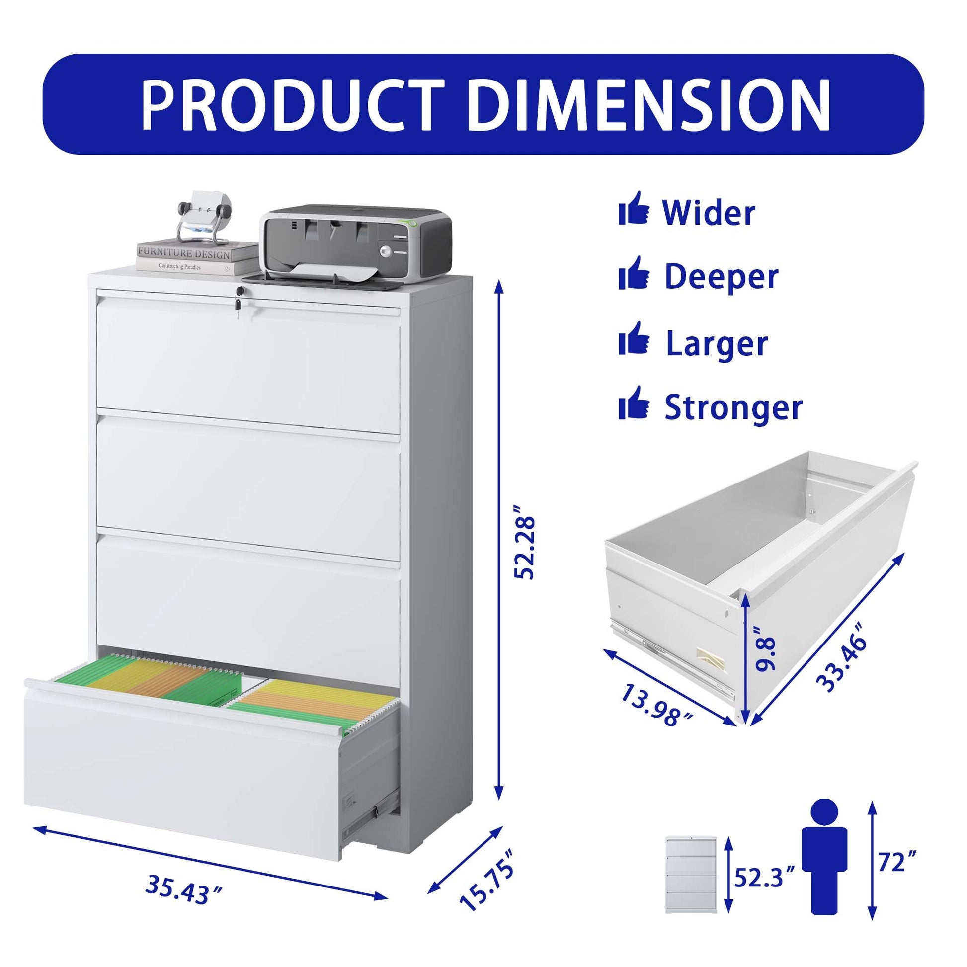 Lateral File Cabinet 4 Drawer, White Filing Cabinet With Lock, Lockable File Cabinet For Home Office, Locking Metal File Cabinet For Legal Letter A4 F4 Size Filing Cabinets 3 4 Drawers White Office Drawers Included Modern Metal Metal