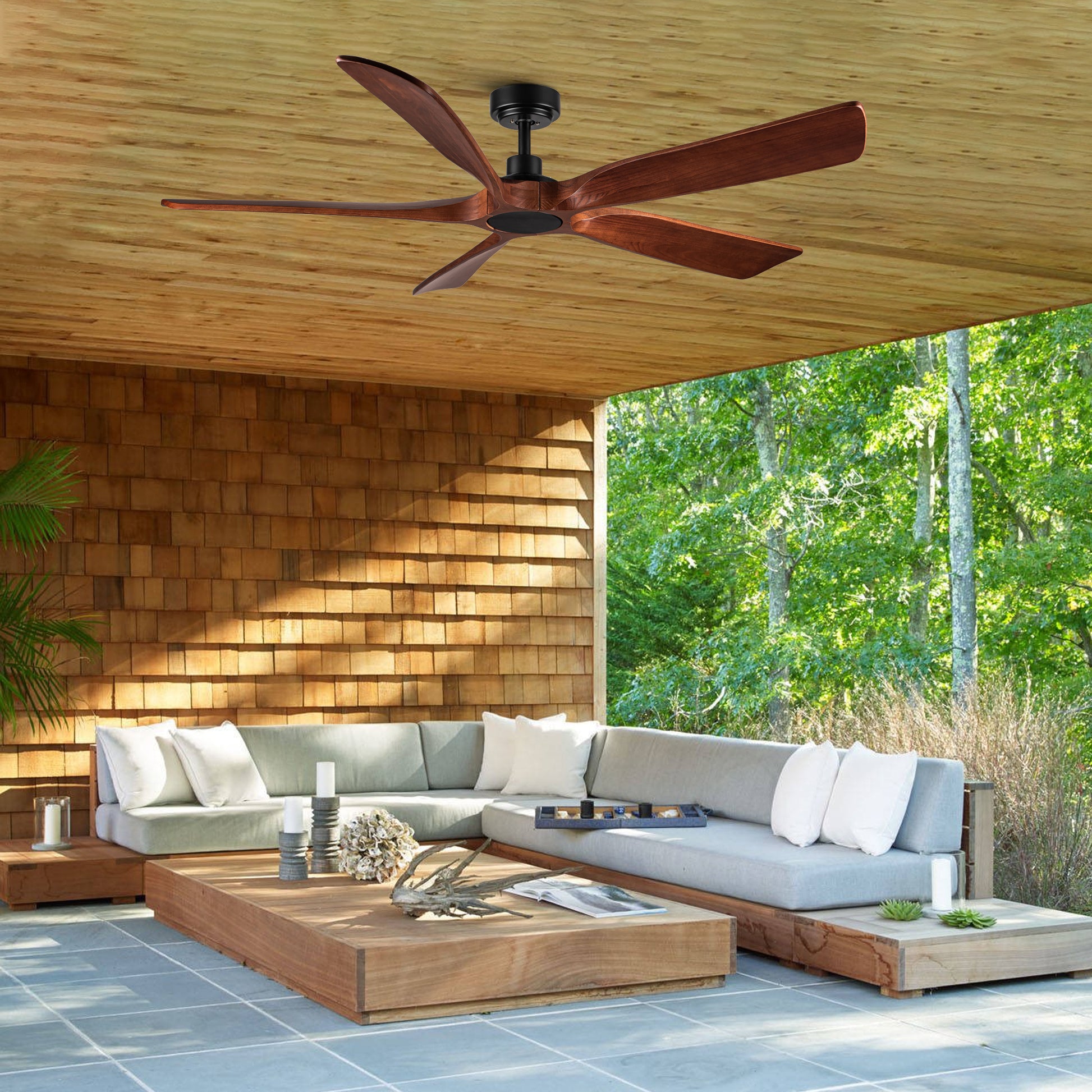 60 In. Farmhouse Walnut Wood Ceiling Fan With Remote Control,Without Light Brown Metal & Wood Wood