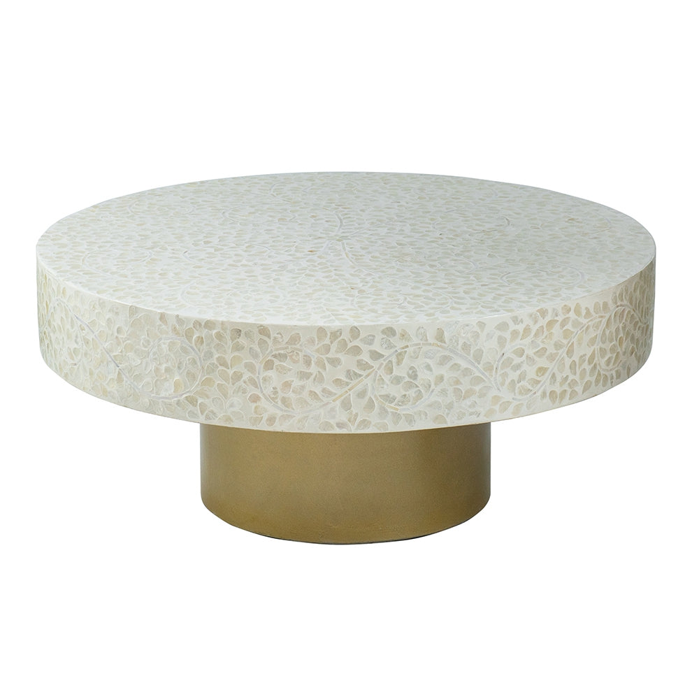 35X35X16" Unique Cream Capiz Coffee Table With Gold Pedestal Base Multi Primary Living Space Beach,Boho,Casual,Coastal,Modern Mdf