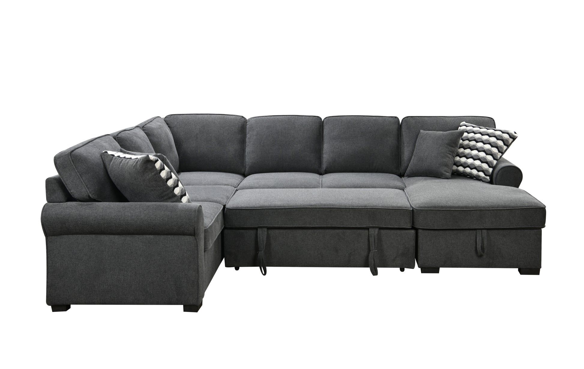 117" Oversized Sectional Sofa With Storage Chaise, Rolled Arms U Shaped Sectional Couch ,Removable Soft Backrest Cushions, With 4 Throw Pillows For Large Space Dorm Apartment,Dark Gray Light Brown Wood Primary Living Space Heavy Duty Eucalyptus 7 Seat