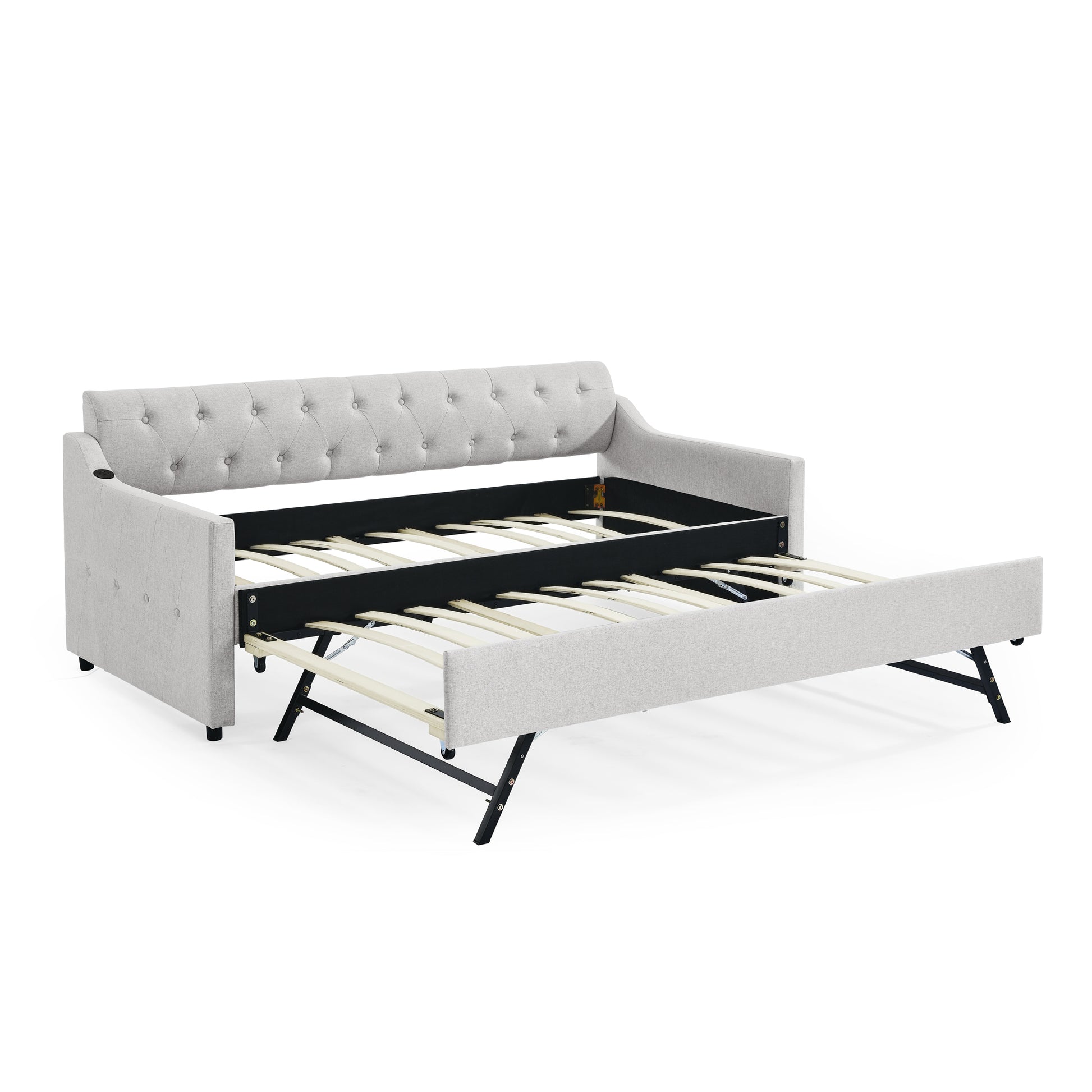 Twin Size Upholstery Daybed With Twin Size Erectable Trundle And Usb Charging Design, Linen Beige Twin Beige Linen