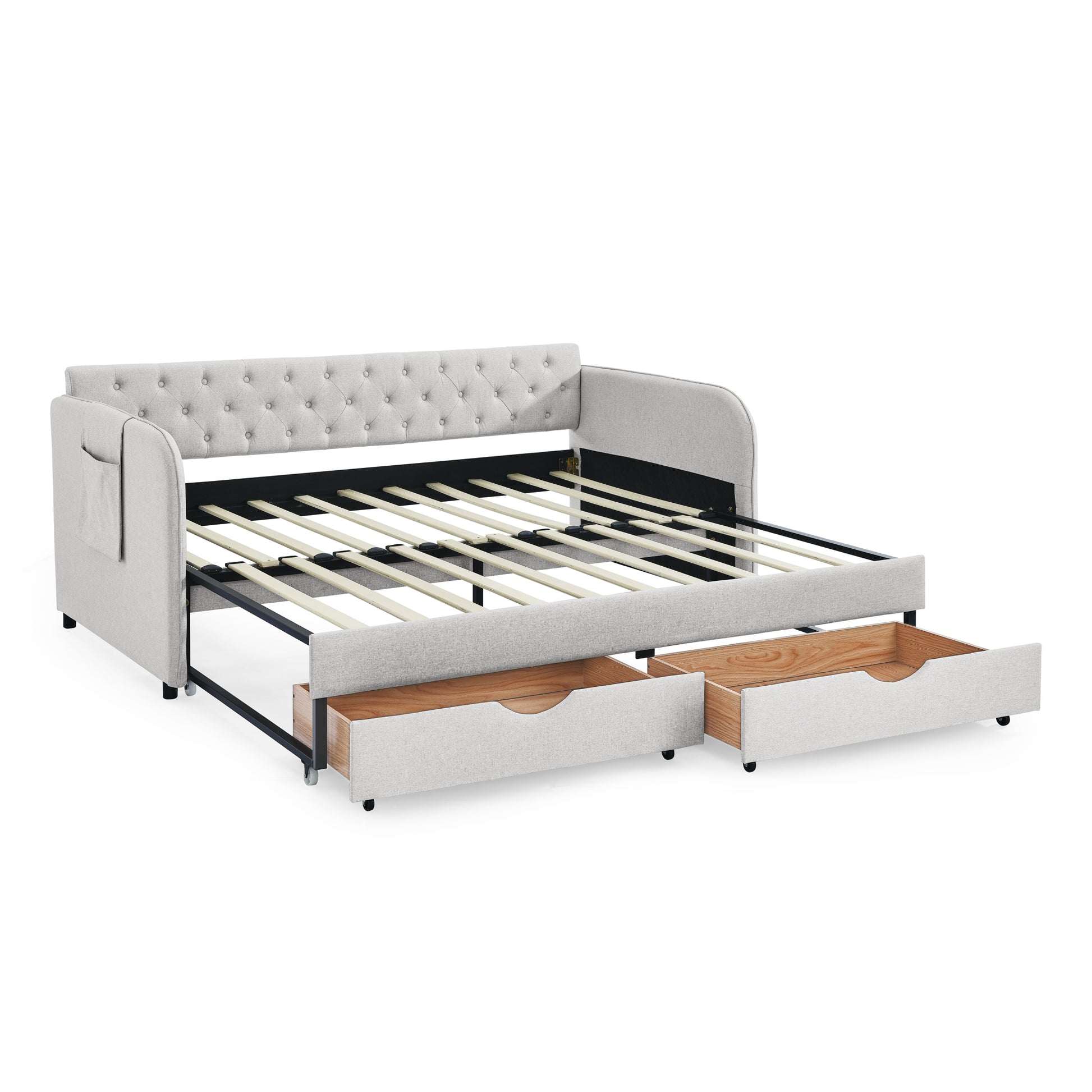 Twin Size Upholstery Daybed With Trundle Bed And Two Storage Drawersflat Arms With Pocket, Extendable Daybed For Bedroom Living Room,Linen Beige Beige Linen