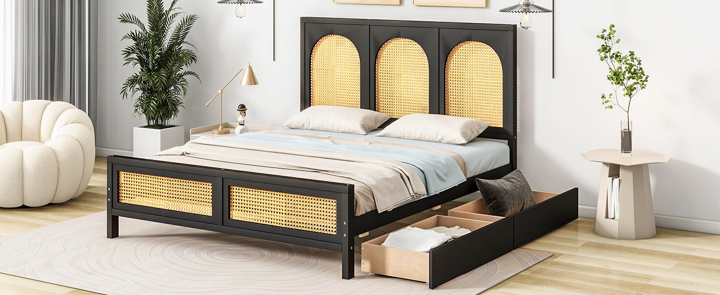 Full Size Wood Storage Platform Bed With 2 Drawers, Rattan Headboard And Footboard, Black Box Spring Not Required Full Black Wood Bathroom Wood Rattan