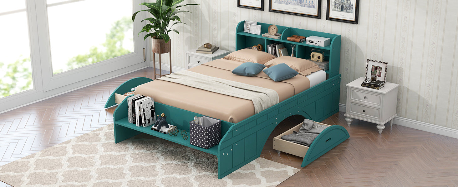 Wood Full Size Platform Bed With 2 Drawers, Storage Headboard And Footboard, Dark Green Box Spring Not Required Full Dark Green Bedroom Bed Frame Solid Wood Mdf