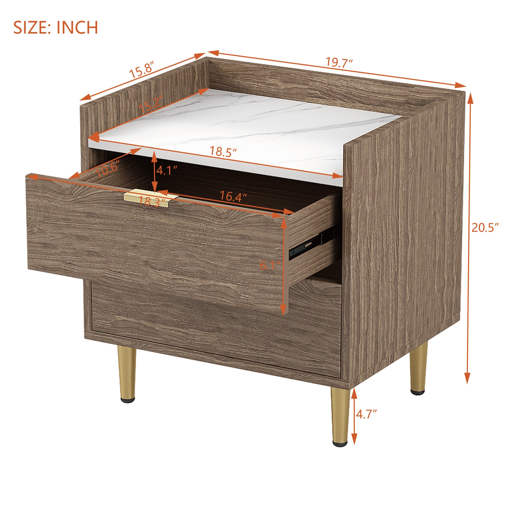 Wooden Nightstand With 2 Drawers And Marbling Worktop, Mordern Wood Bedside Table With Metal Legs&Handles, Walnut Walnut Mdf Metal